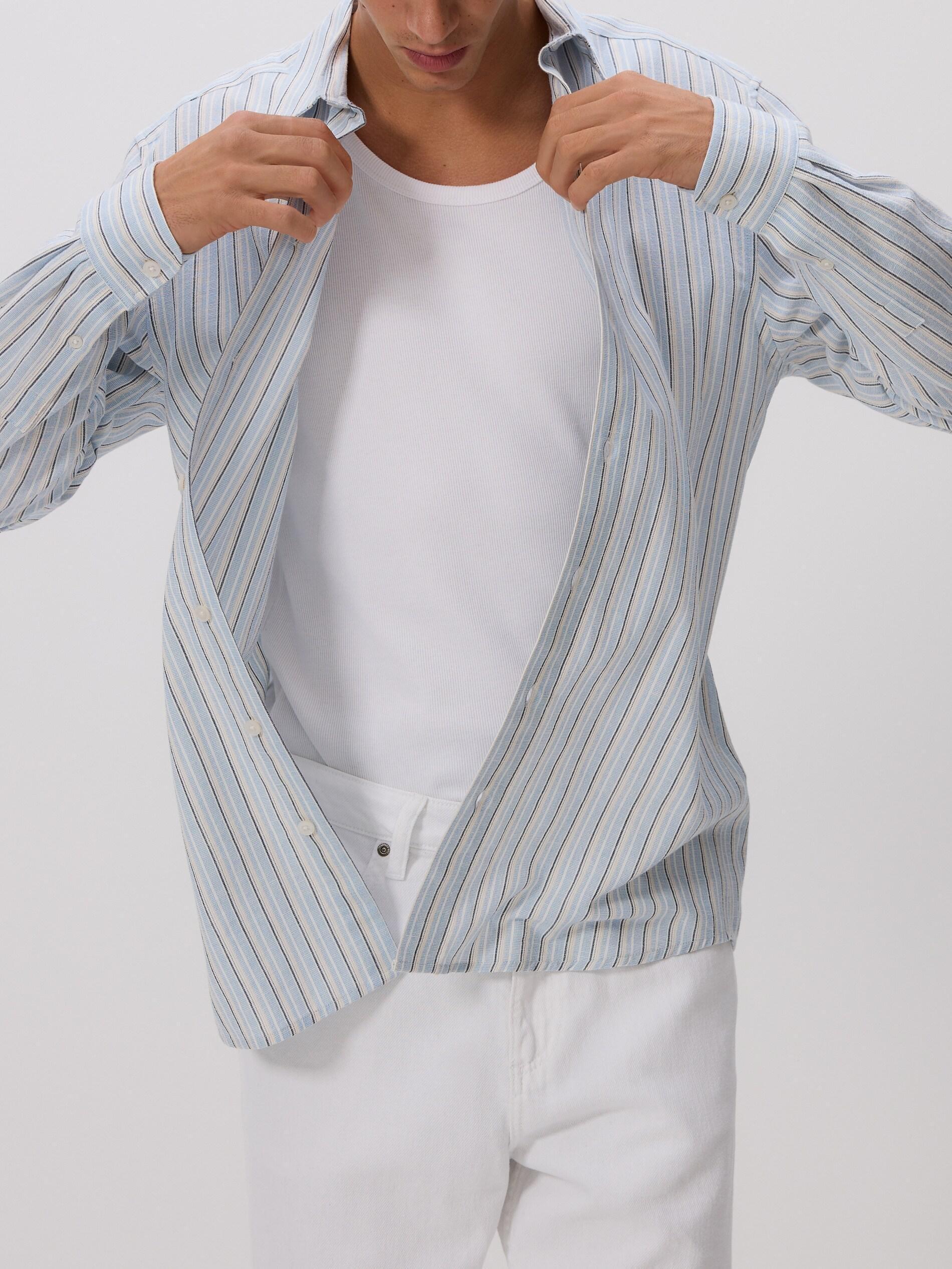 Blue Regular Fit Linen Blend Shirt, Blue, medium