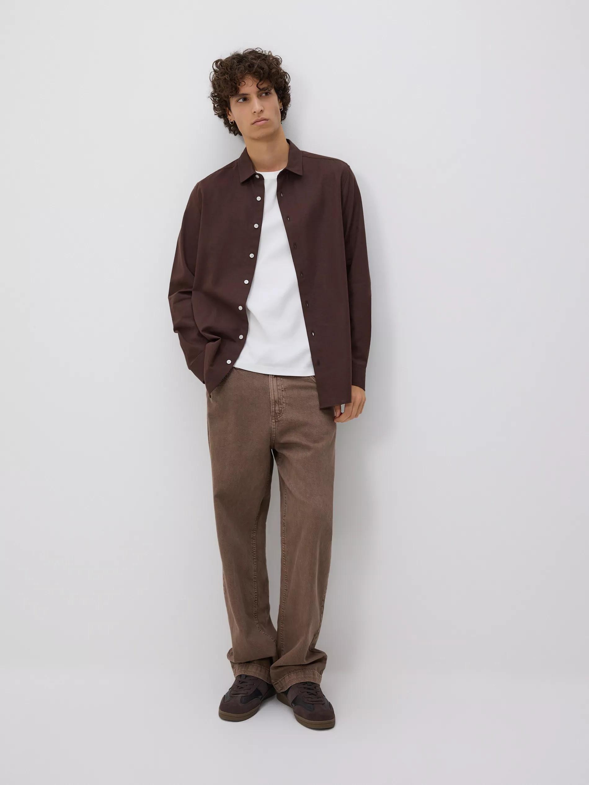 Brown Regular Fit Linen Blend Shirt, Brown, large image number 0