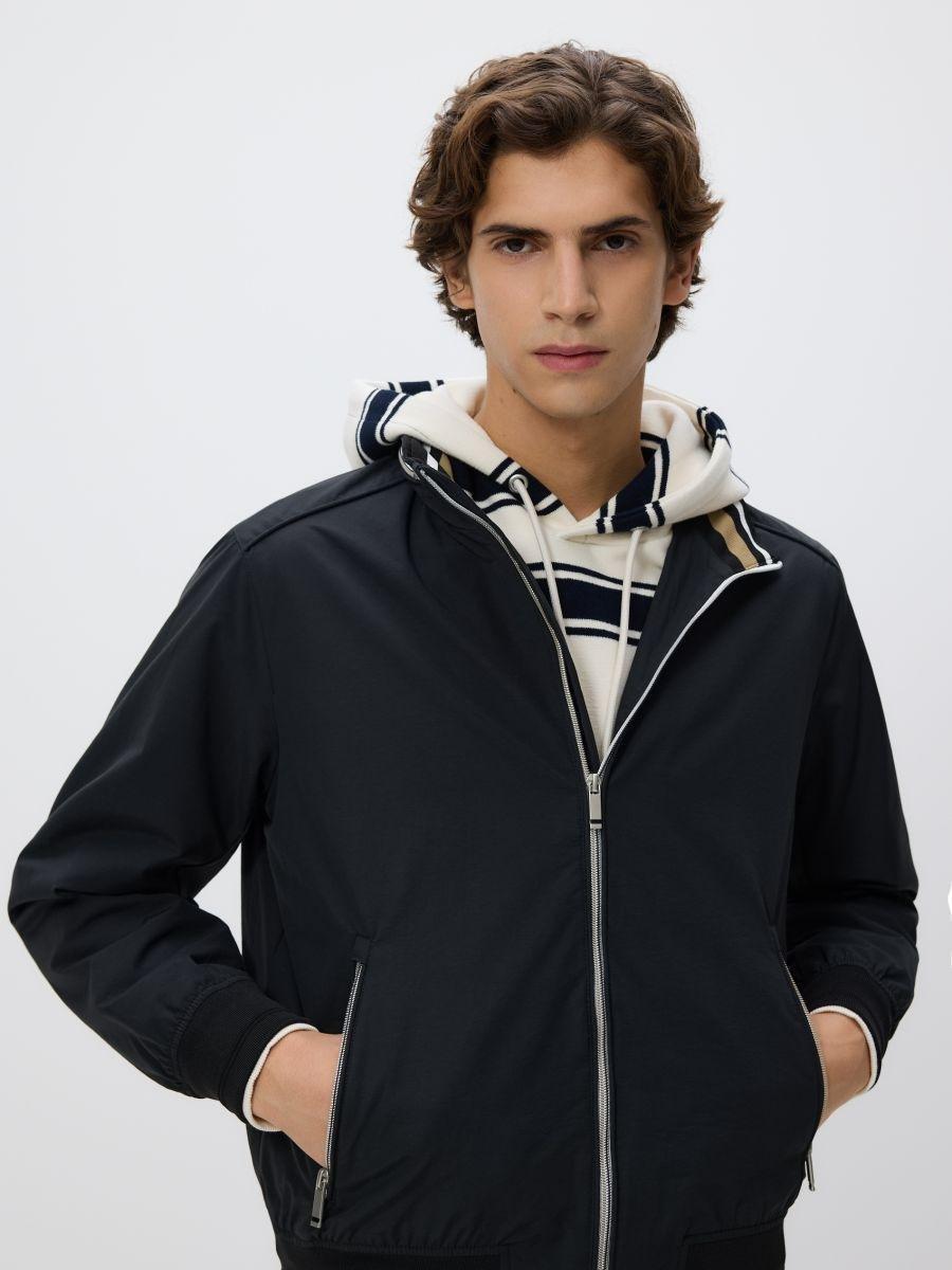 Black Bomber Jacket With A Stand-Up Collar, Black, medium