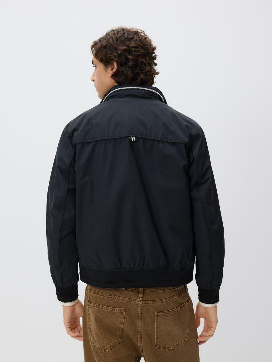 Black Bomber Jacket With A Stand-Up Collar, Black, medium