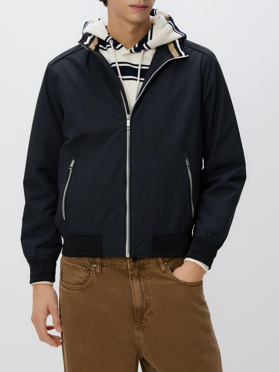 Black Bomber Jacket With A Stand-Up Collar, Black, medium