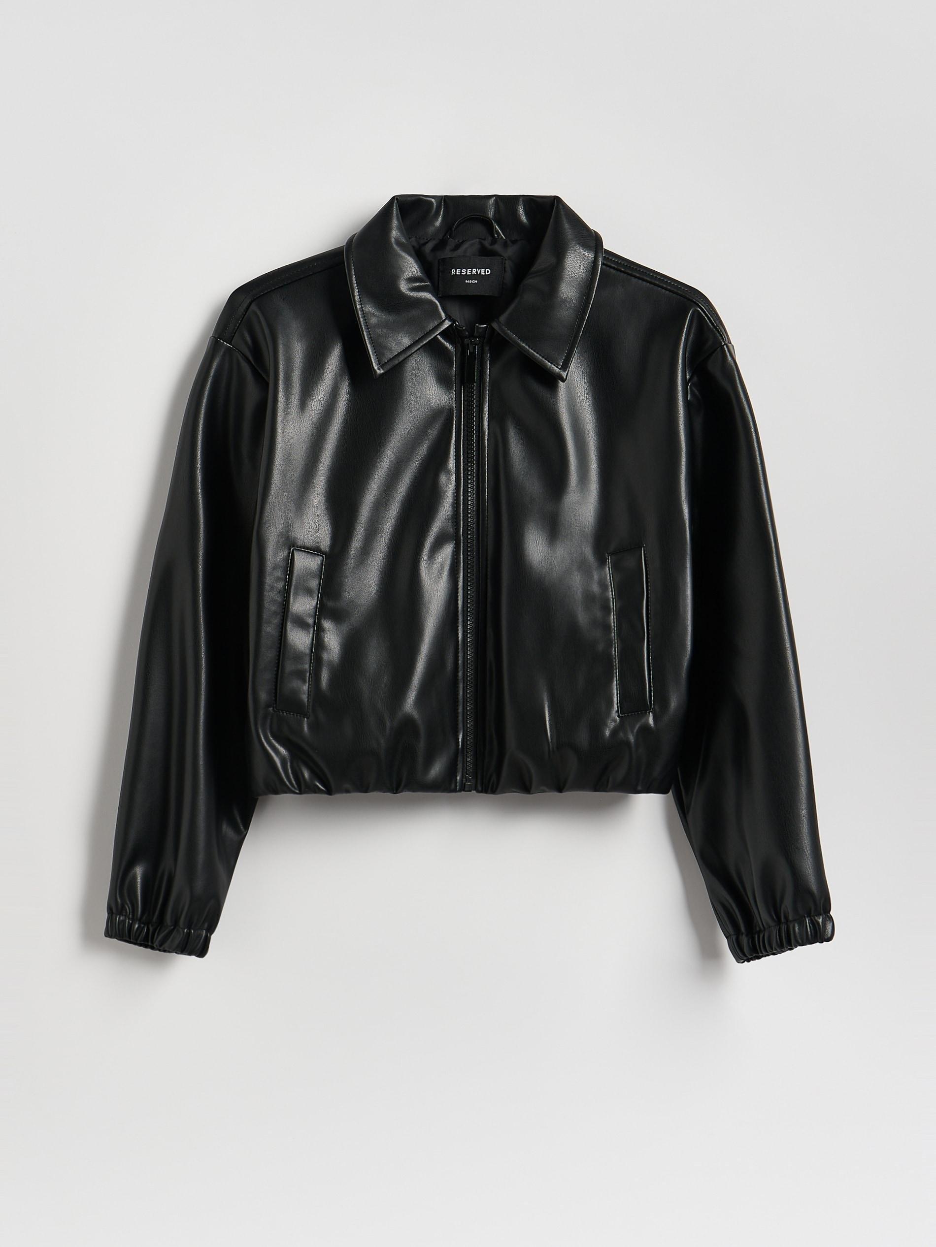 Black Faux Leather Bomber Jacket, Black, large image number 0