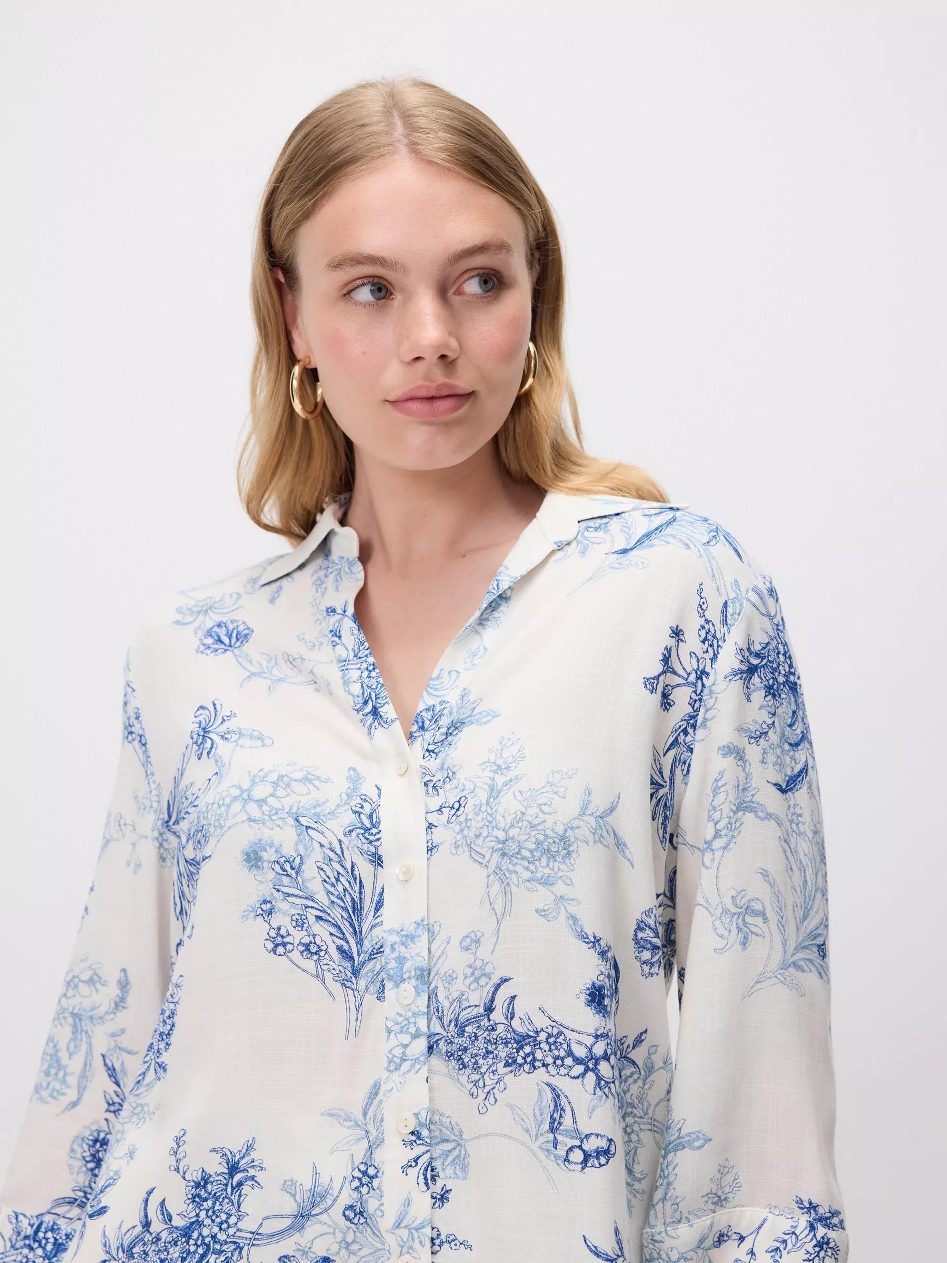 Blue Patterned Viscose Shirt, Blue, large image number 0