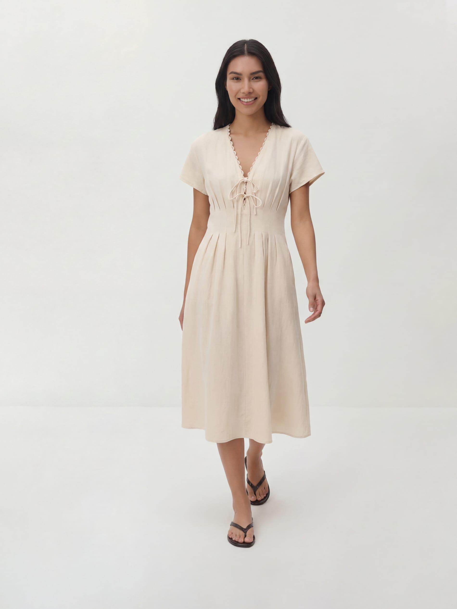 Beige Lyocell Rich Midi Dress, Ivory, medium