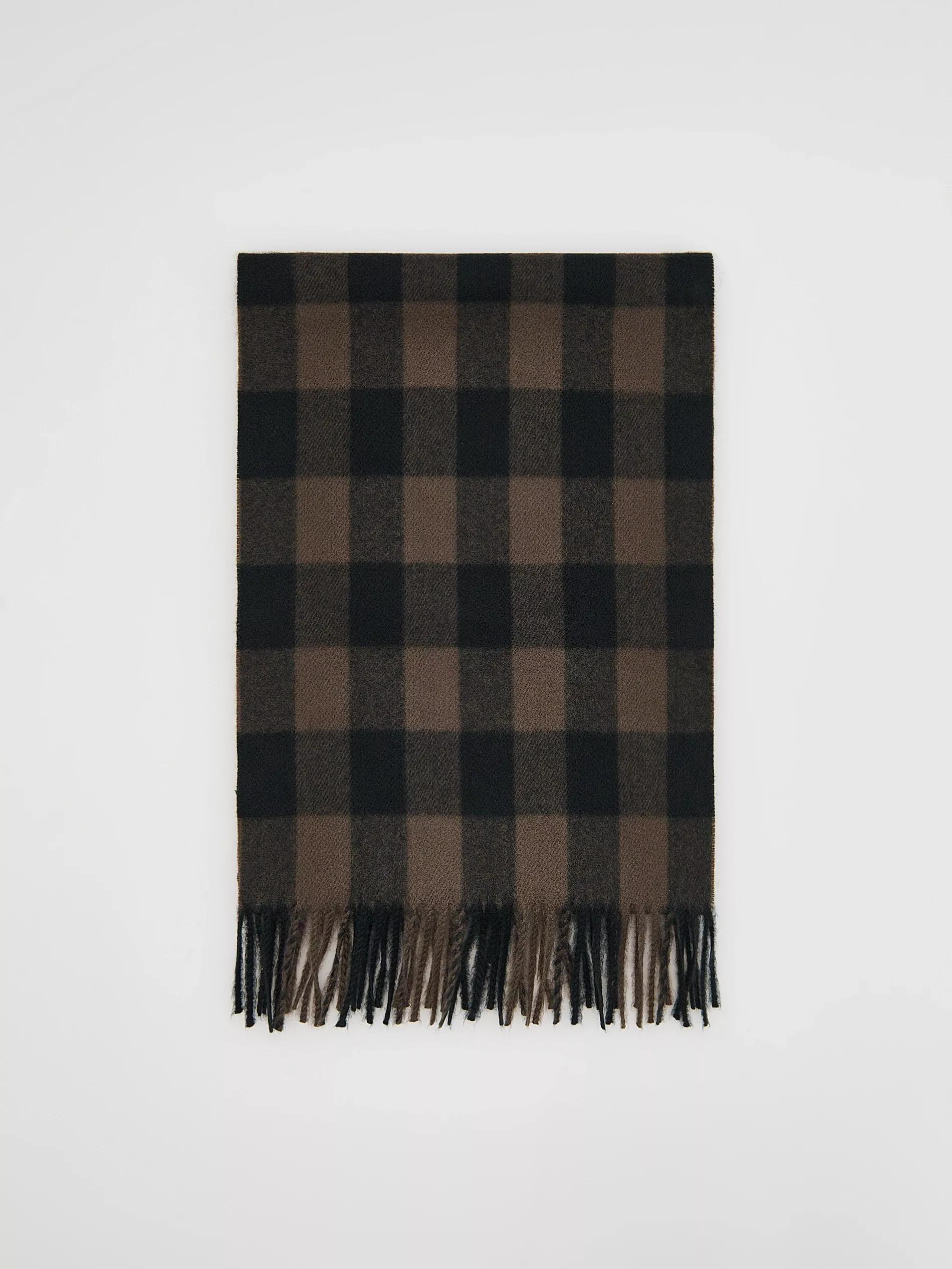 Brown Plaid Scarf With Fringes, Brown, large image number 0