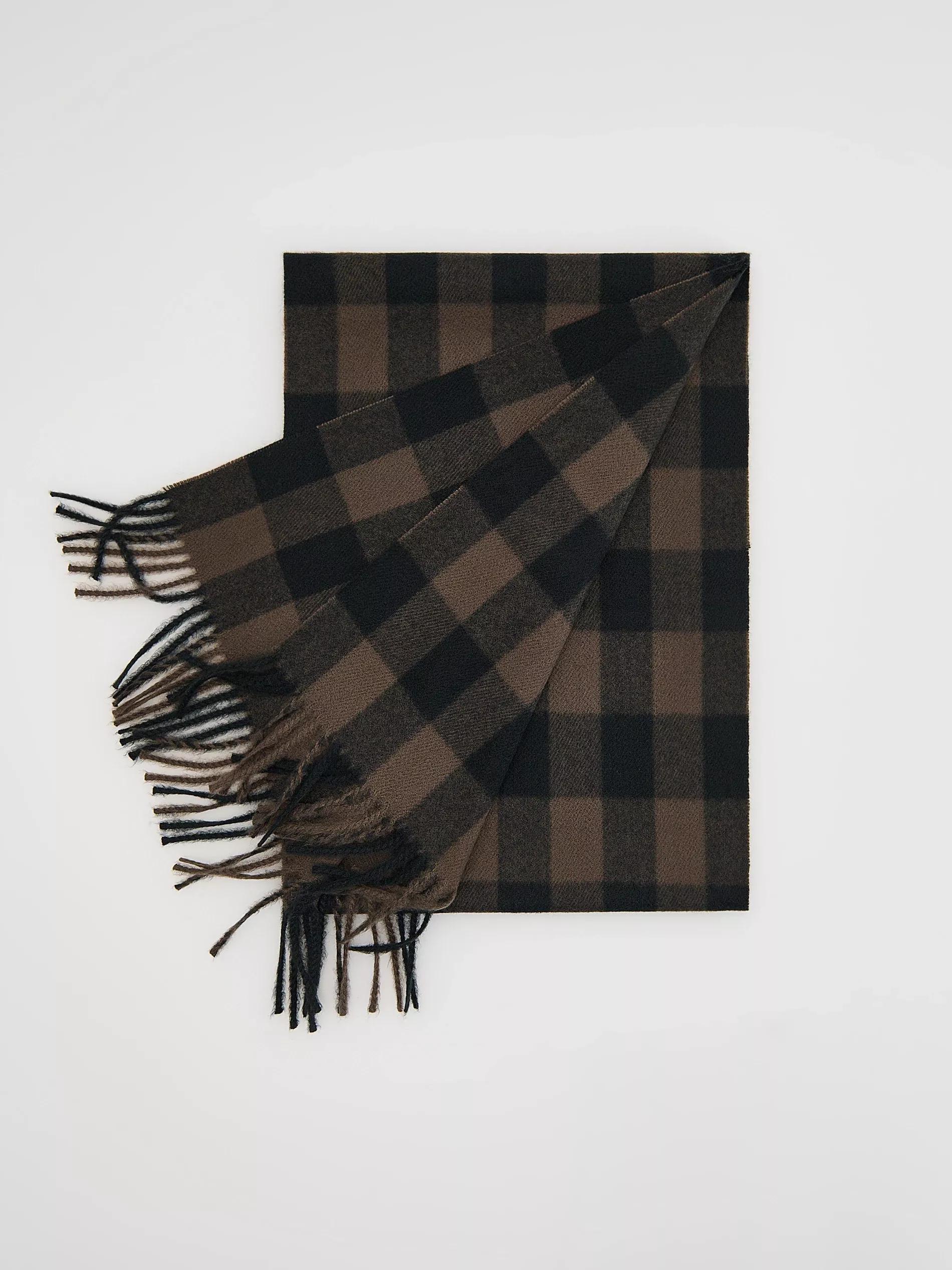 Brown Plaid Scarf With Fringes, Brown, large image number 1