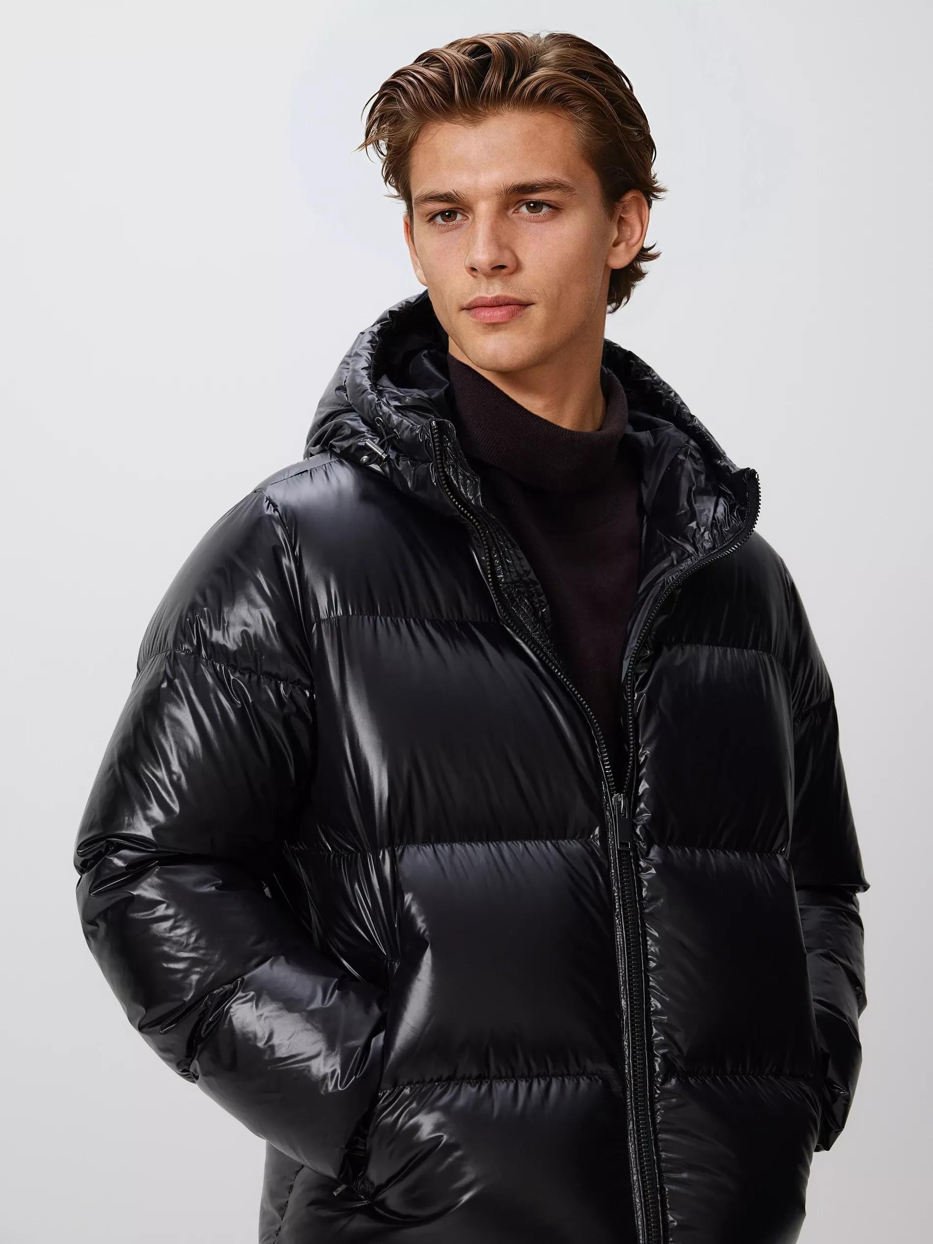 Black Down Jacket With Hood, Black, large image number 0