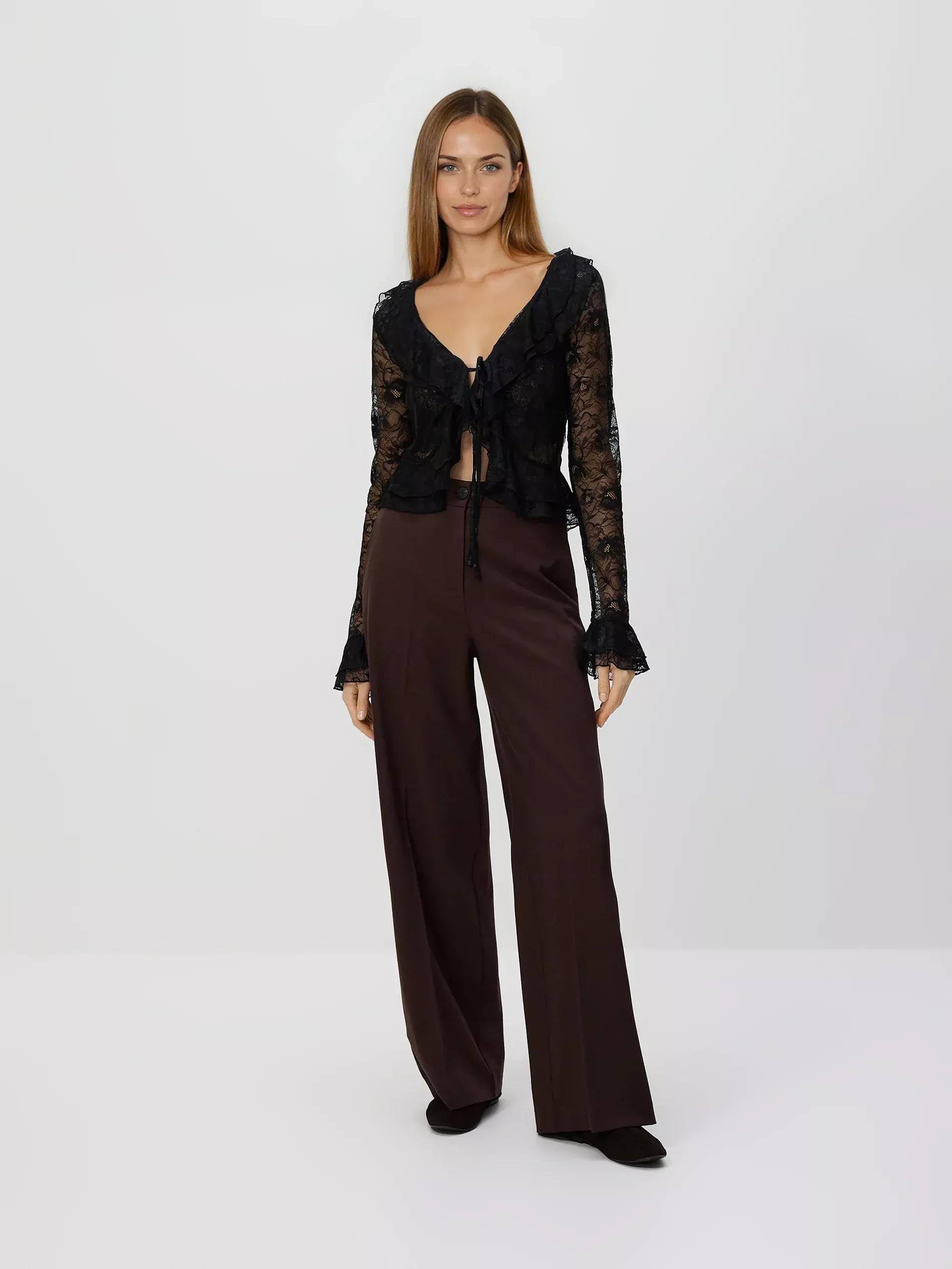 Brown Wide Trousers With Crease, Brown, medium