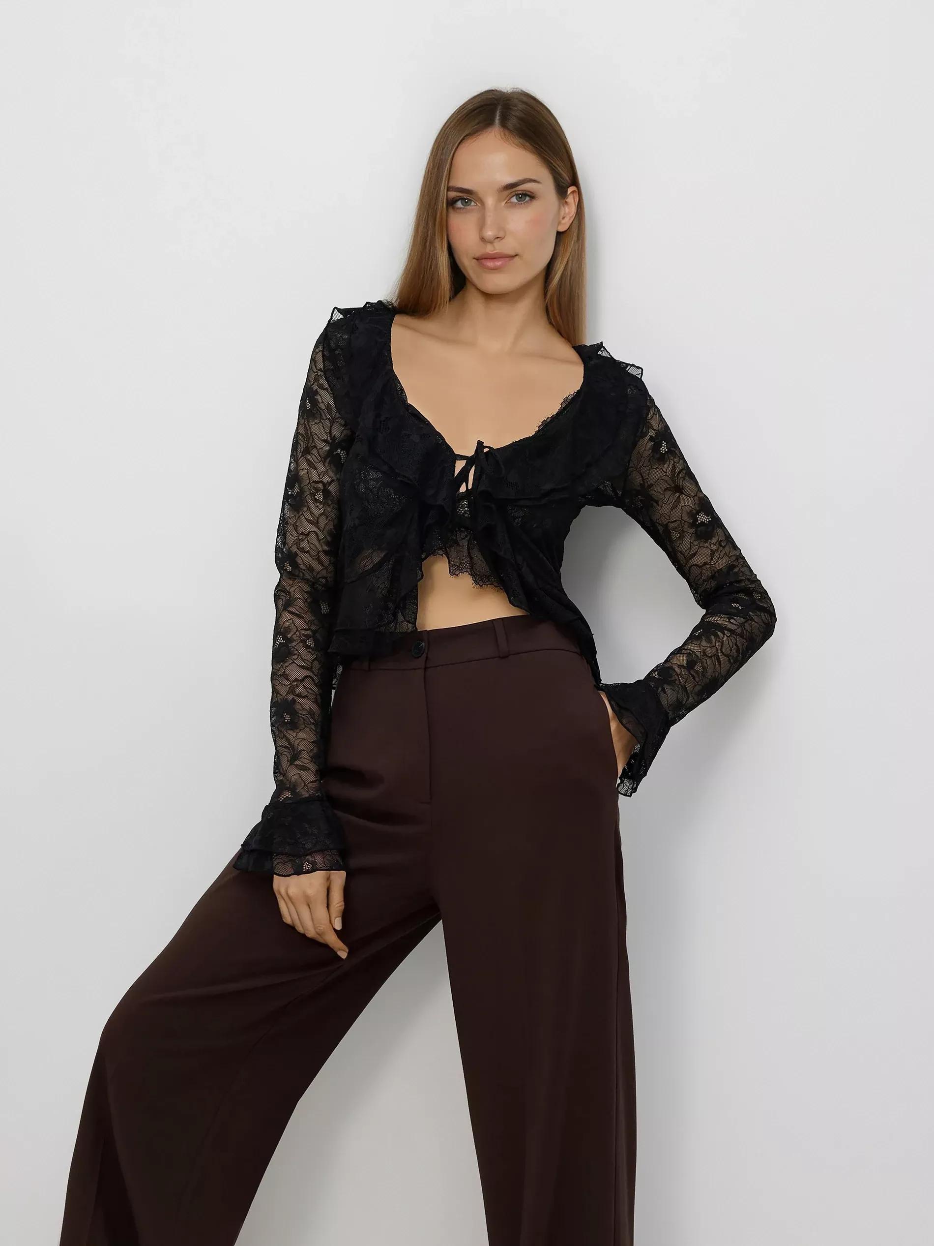 Brown Wide Trousers With Crease, Brown, large image number 4