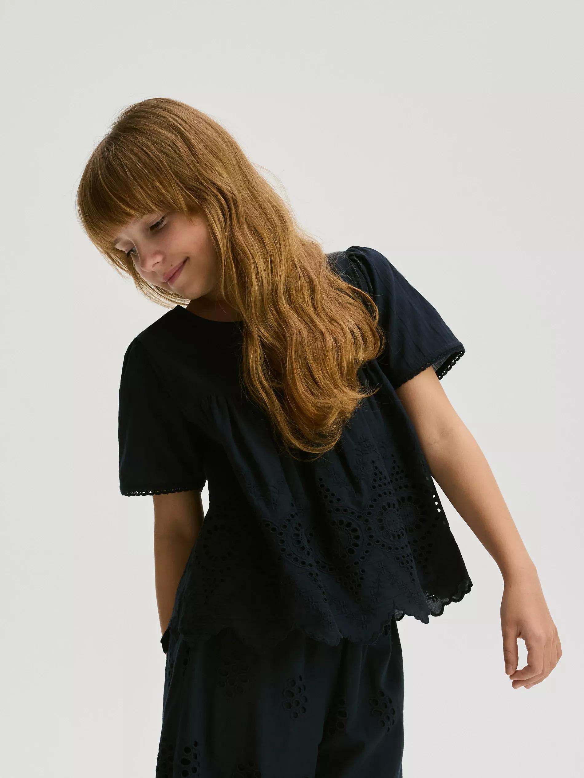 Blue Blouse With Openwork Hem, , large image number 1