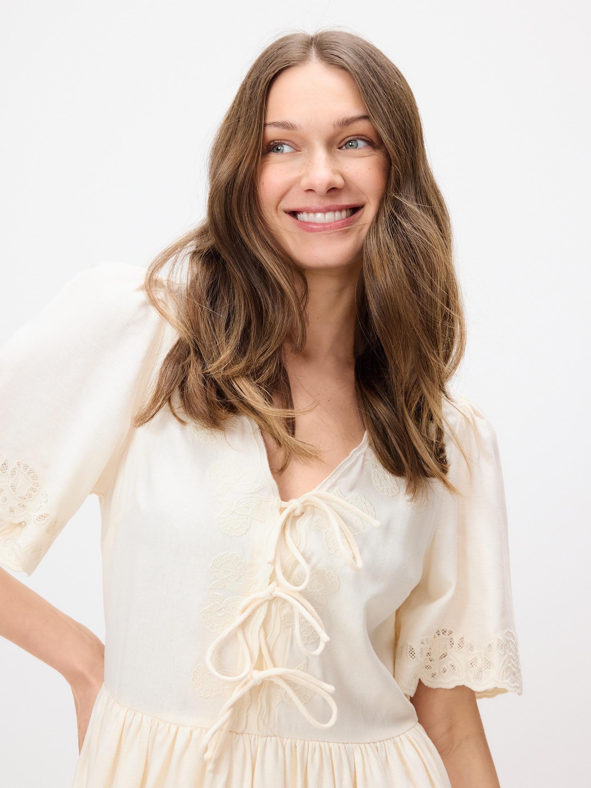 Beige Linen Blend Dress, Ivory, large image number 1