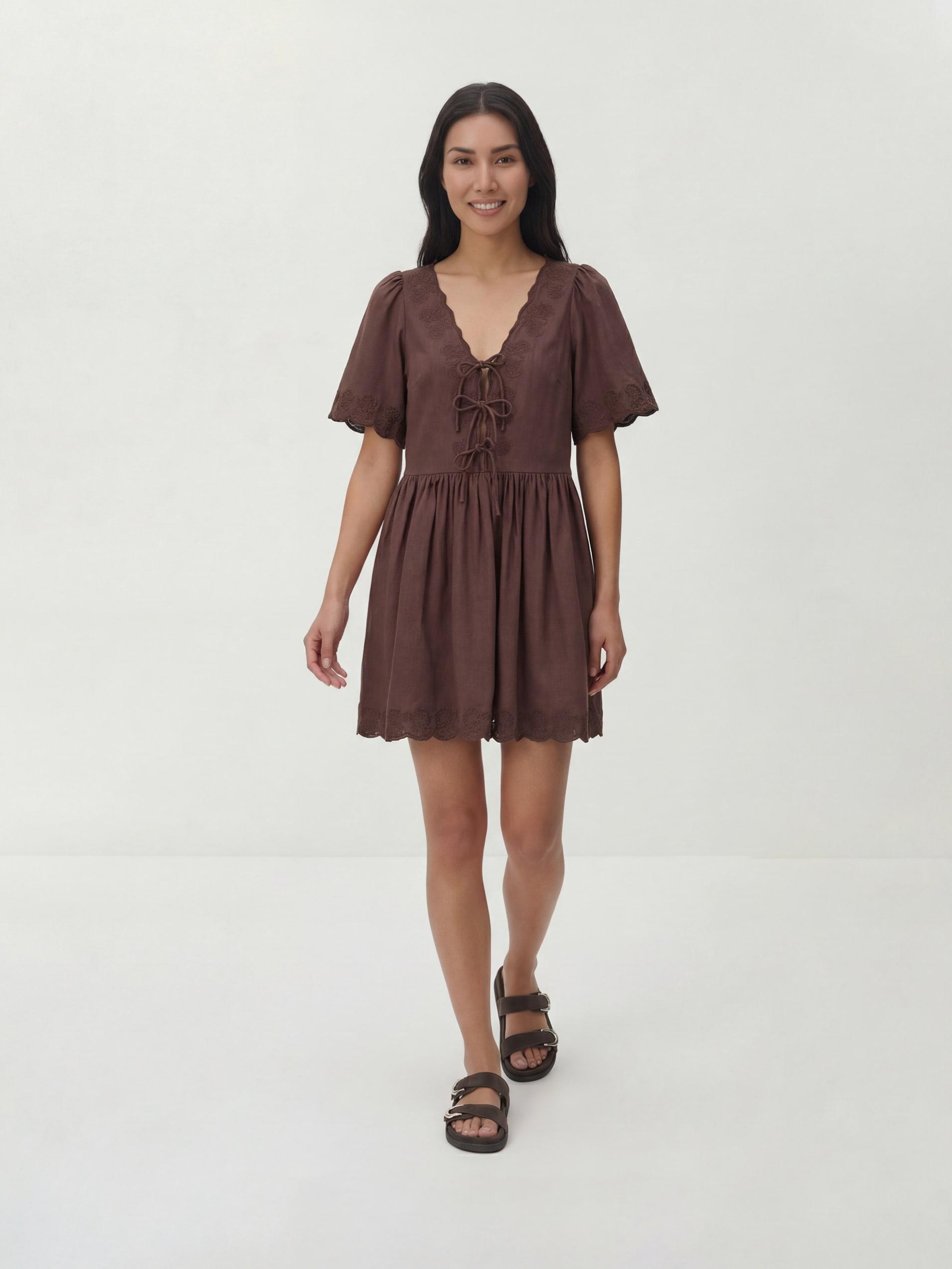 Brown Linen Blend Dress, Brown, large image number 0