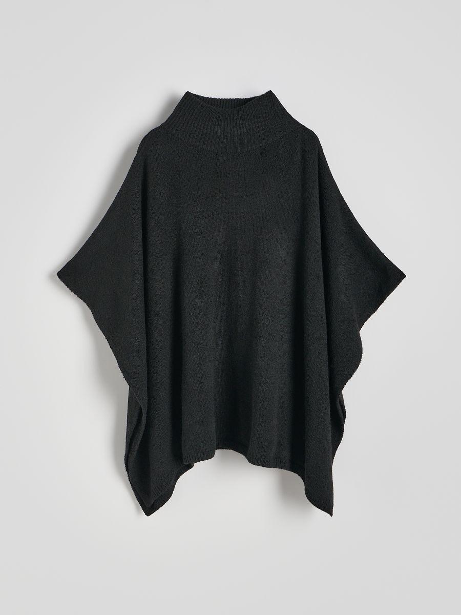 Black Knitted Poncho With Turtleneck, Black, large image number 0