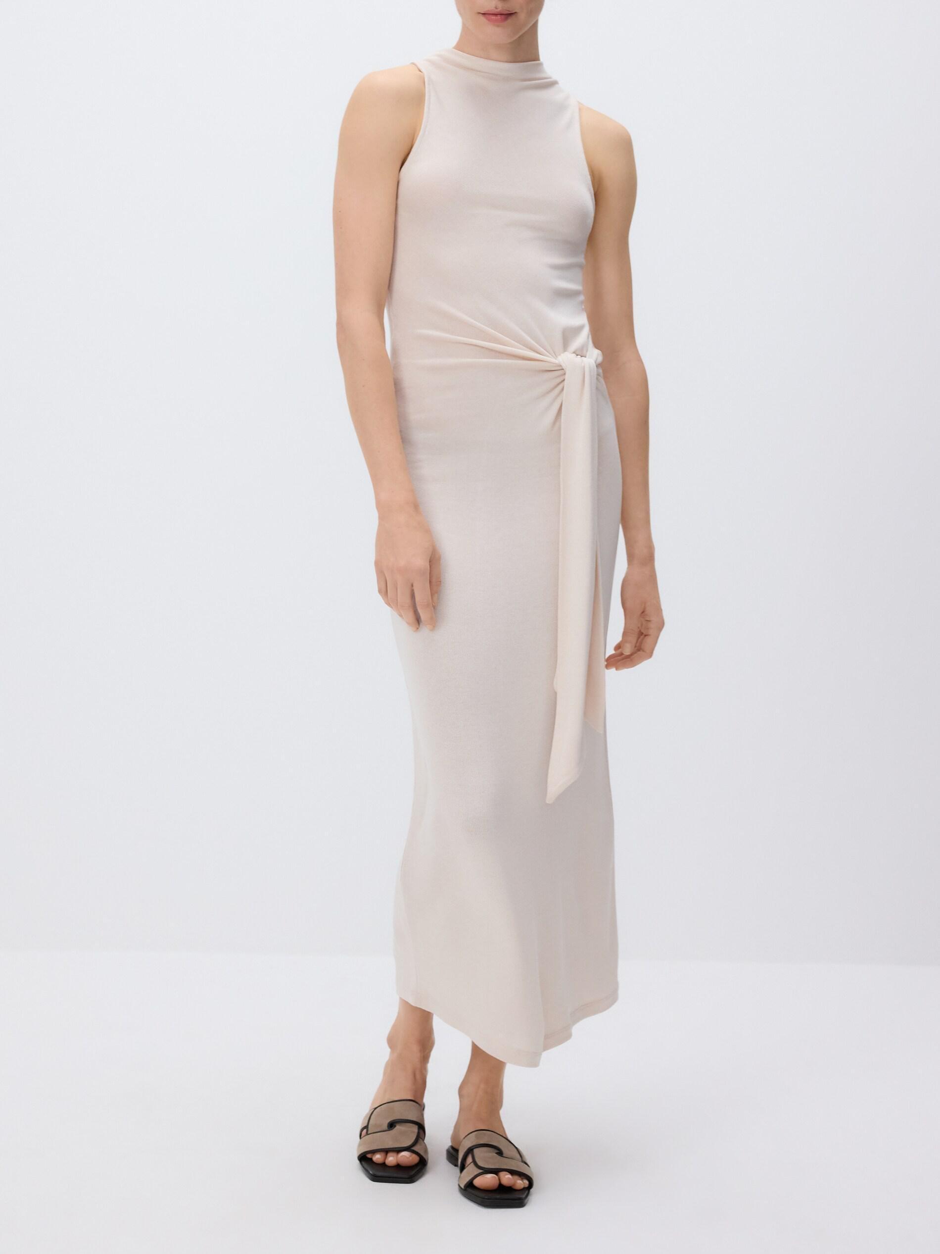 Beige Dress With Tie Detail, Ivory, medium