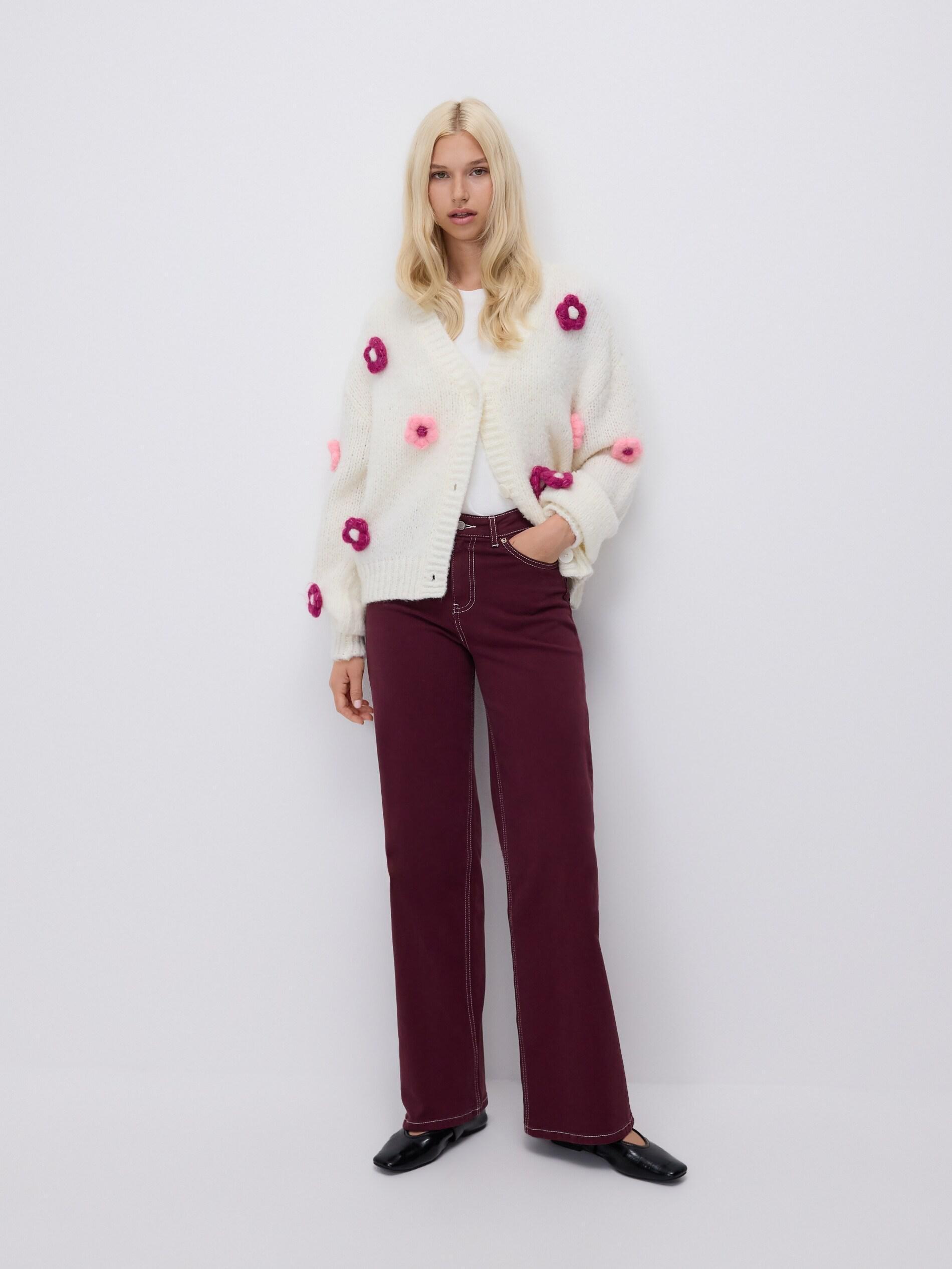 Beige Cardigan With Floral Applique, Ivory, large image number 0