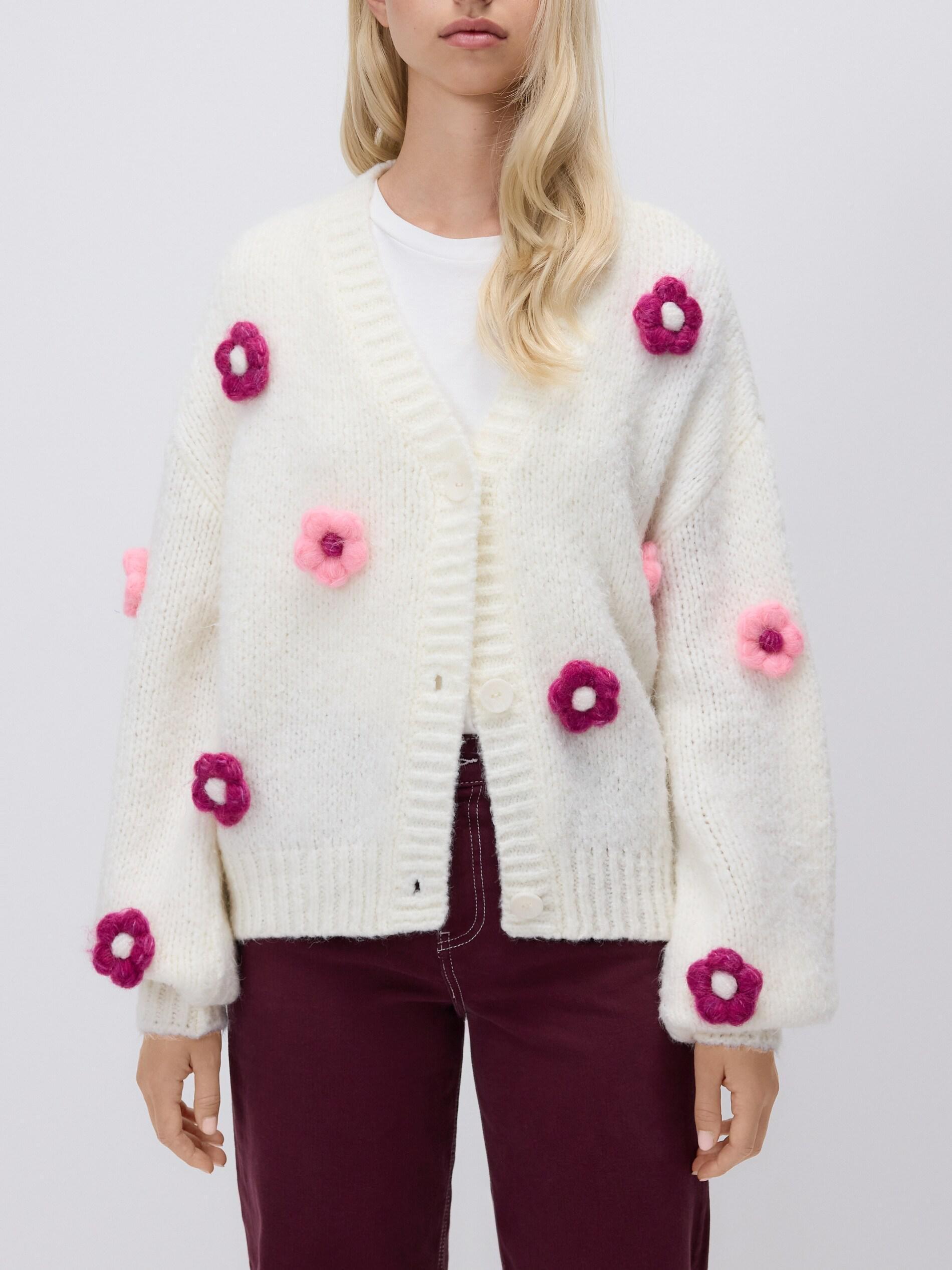 Beige Cardigan With Floral Applique, Ivory, large image number 1