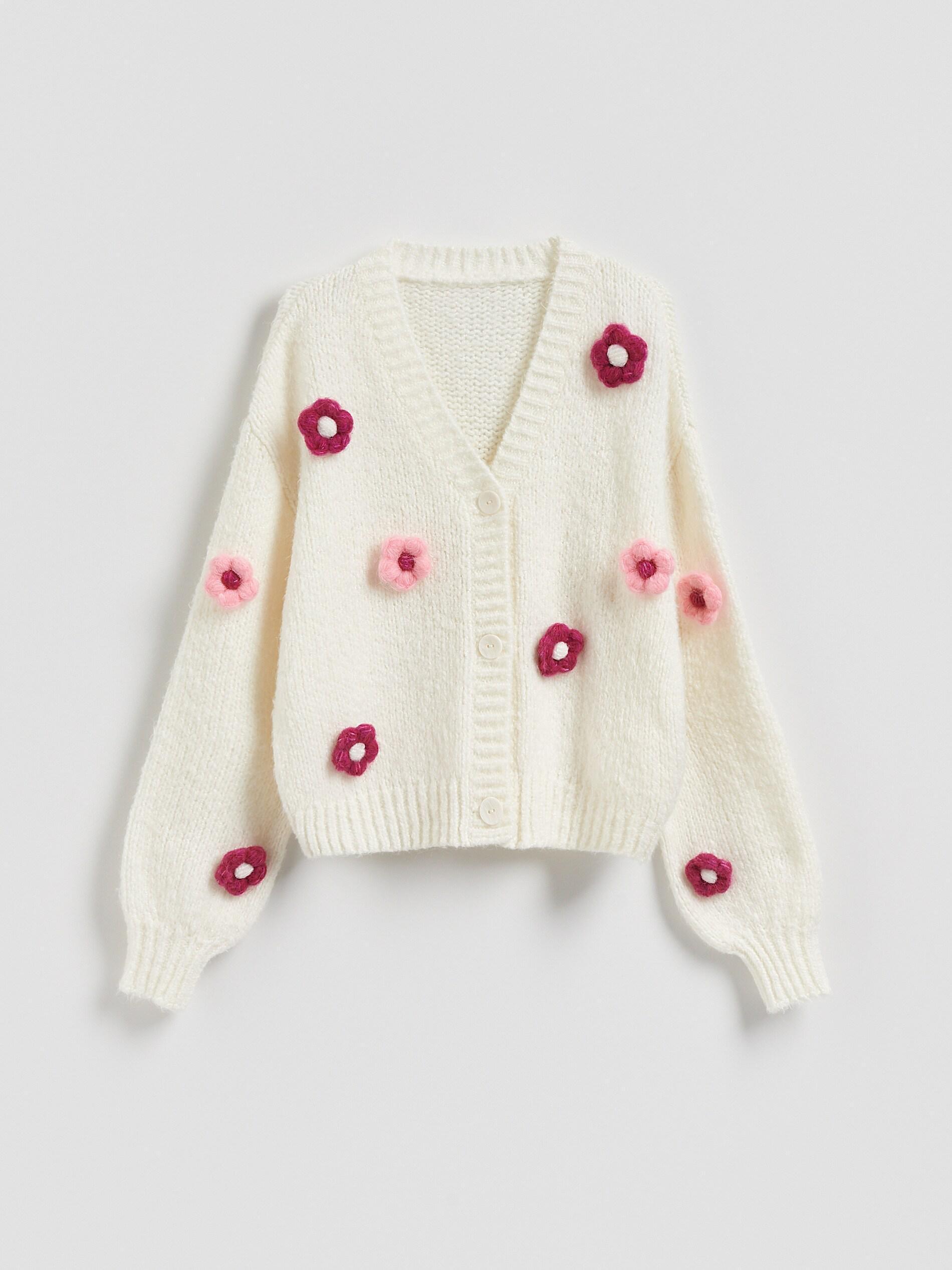 Beige Cardigan With Floral Applique, Ivory, large image number 3