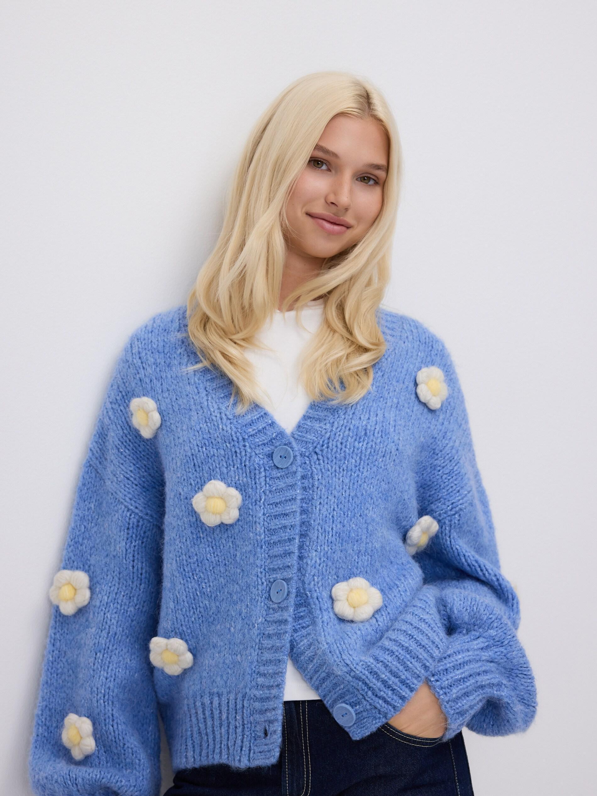 Blue Cardigan With Floral Applique, Blue, medium