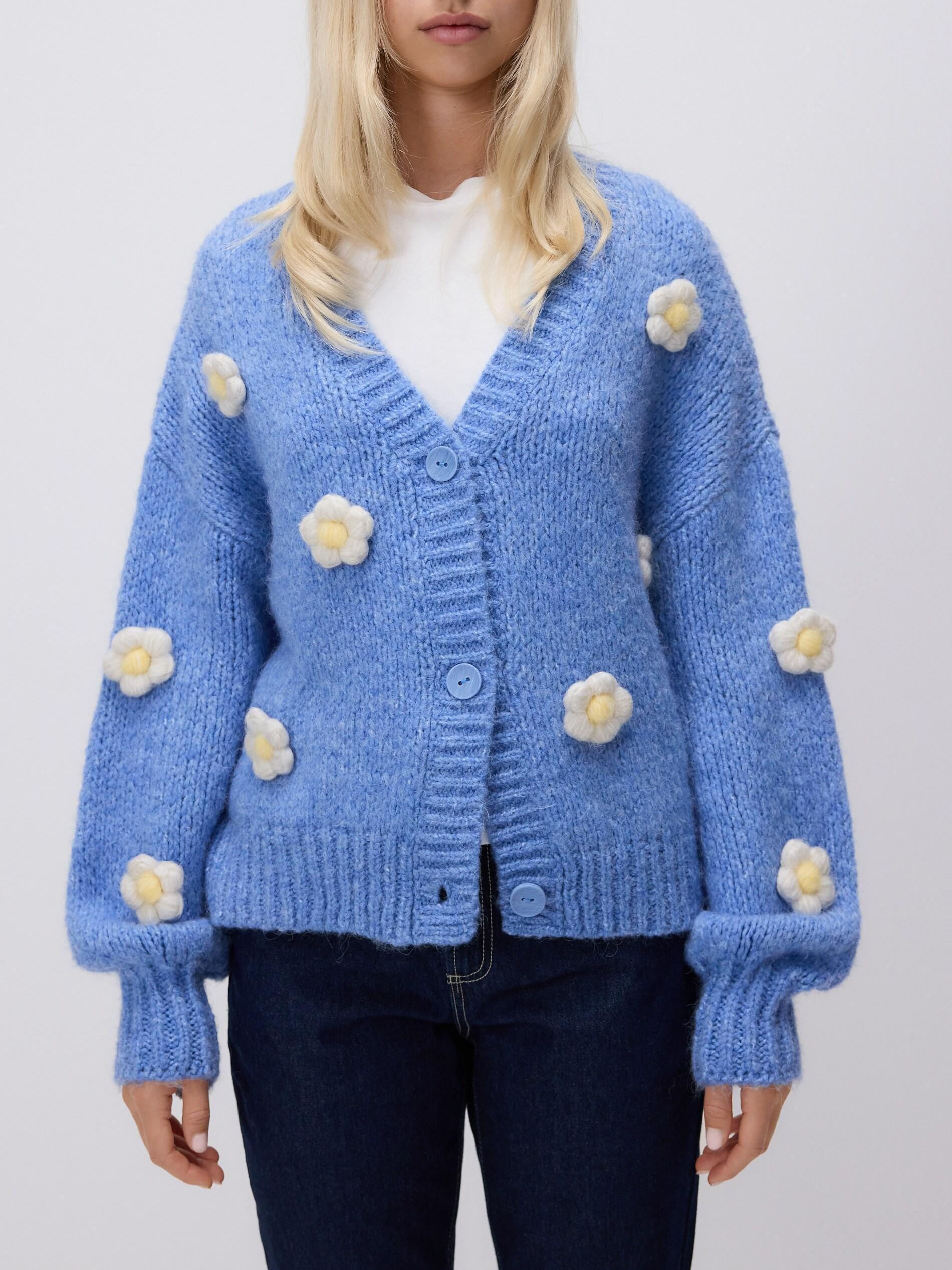 Blue Cardigan With Floral Applique, Blue, medium