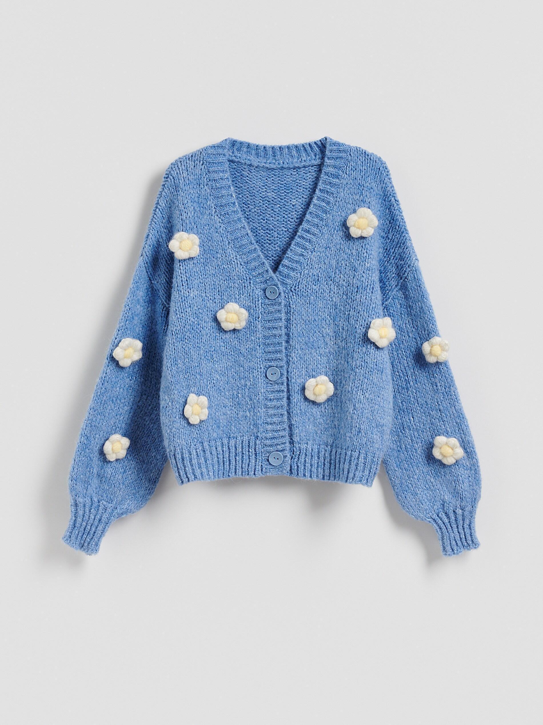 Blue Cardigan With Floral Applique, Blue, large image number 4