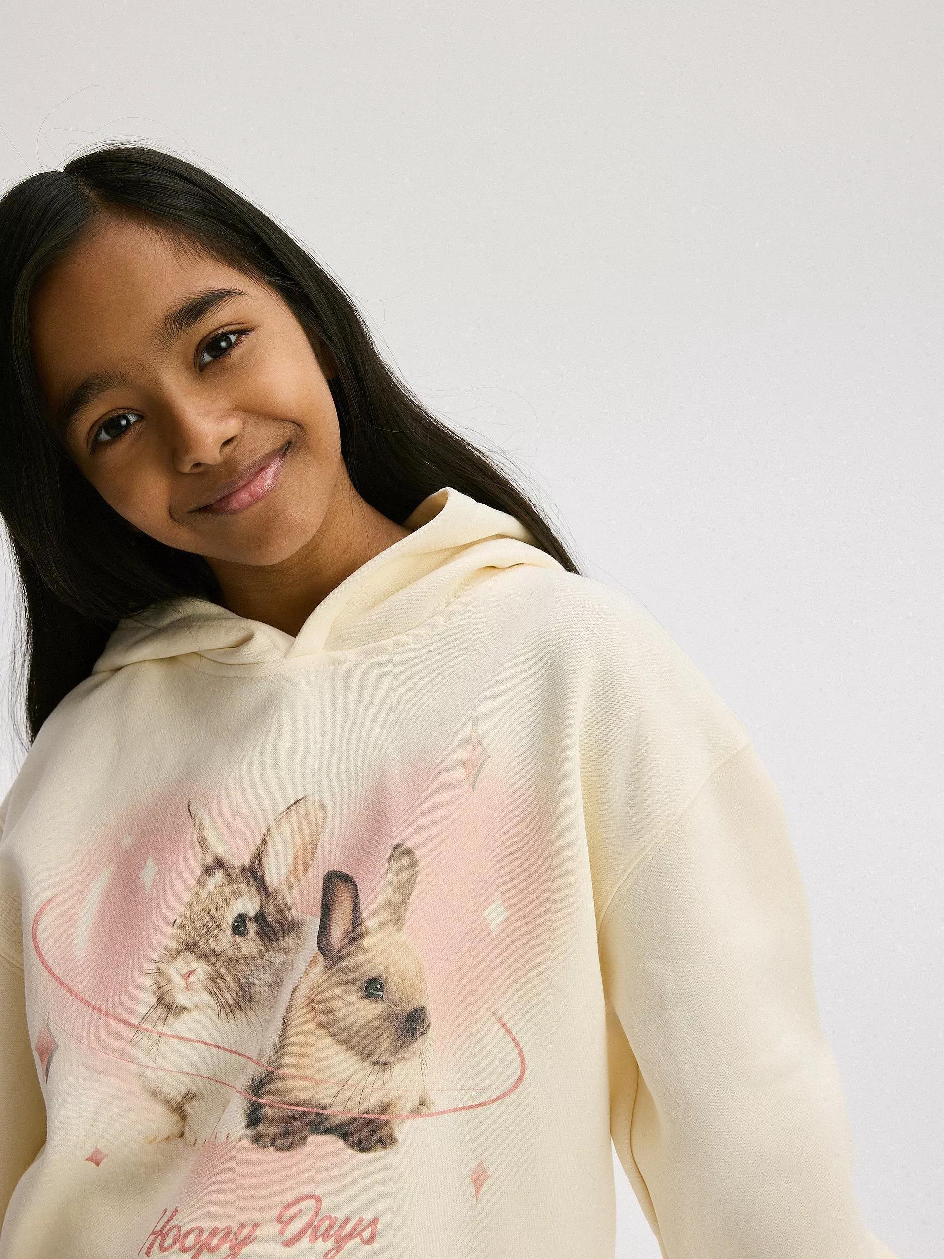 Cream Cotton Sweatshirt With Print And Side Stripes, , large image number 0