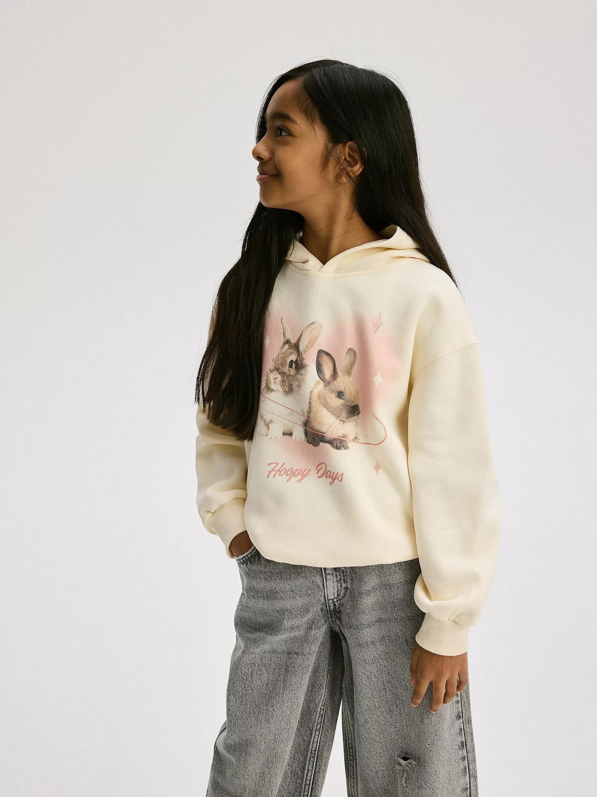 Cream Cotton Sweatshirt With Print And Side Stripes, Ivory, large image number 1