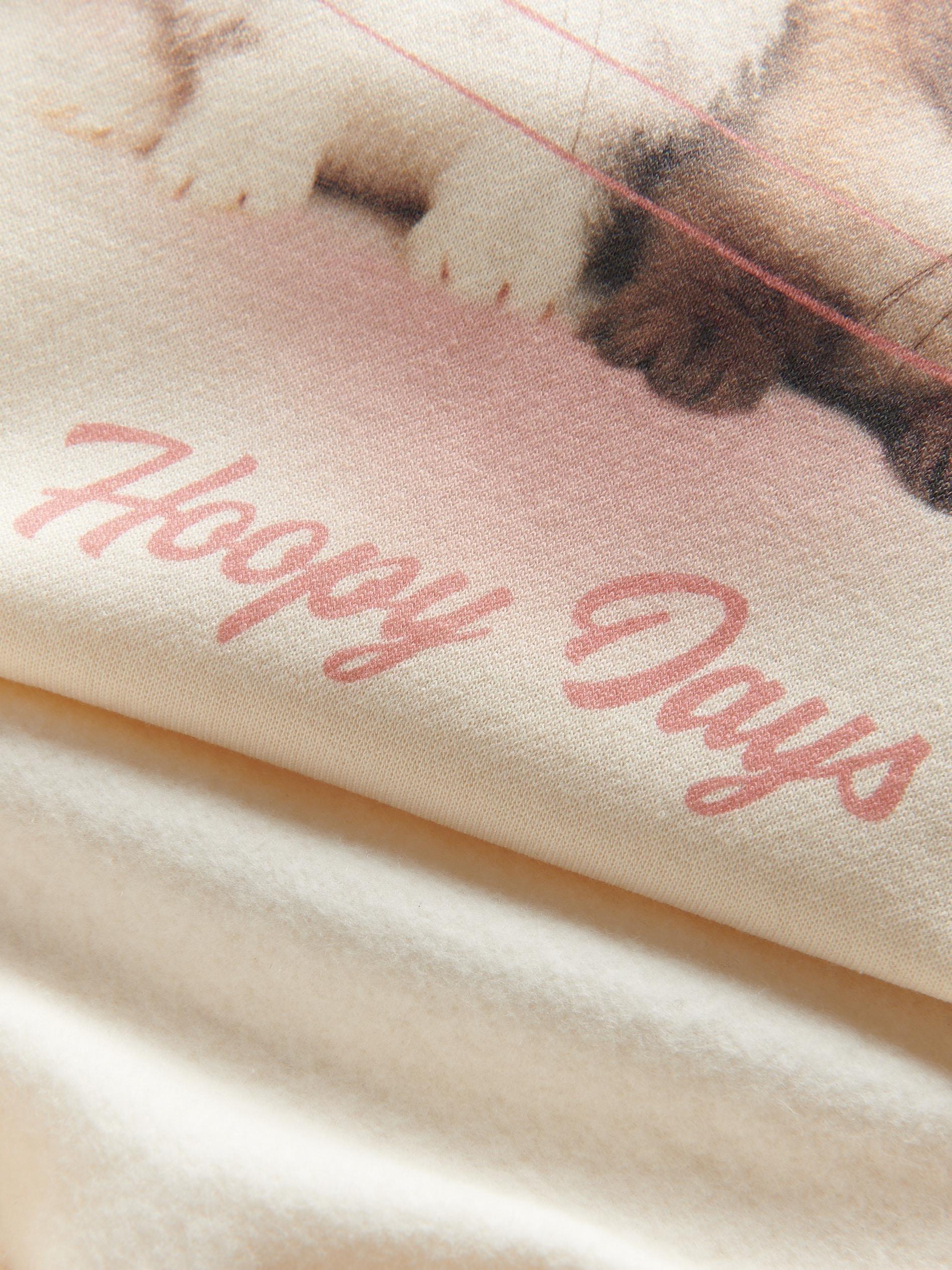 Cream Cotton Sweatshirt With Print And Side Stripes, , large image number 3