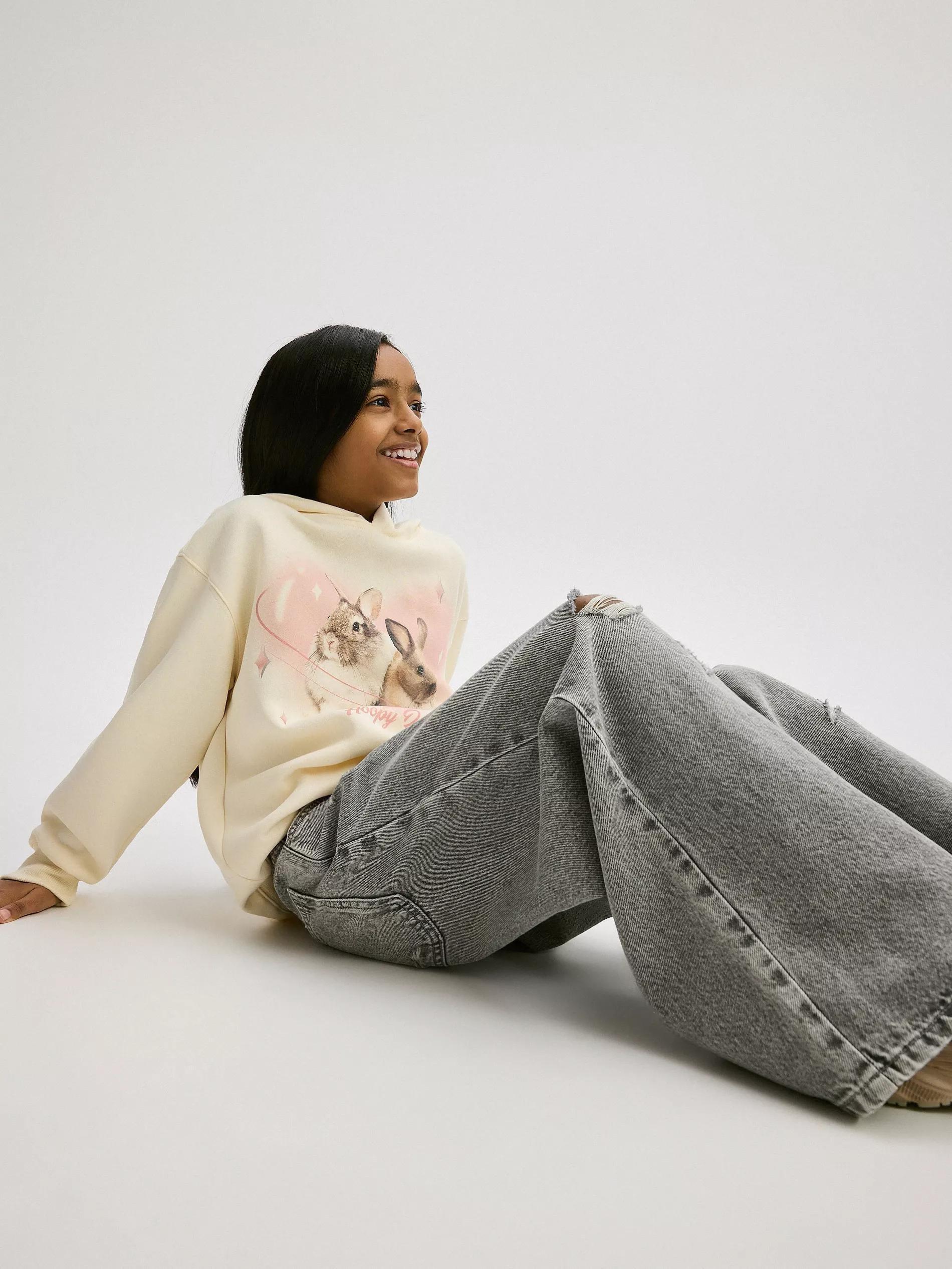 Cream Cotton Sweatshirt With Print And Side Stripes, , large image number 5