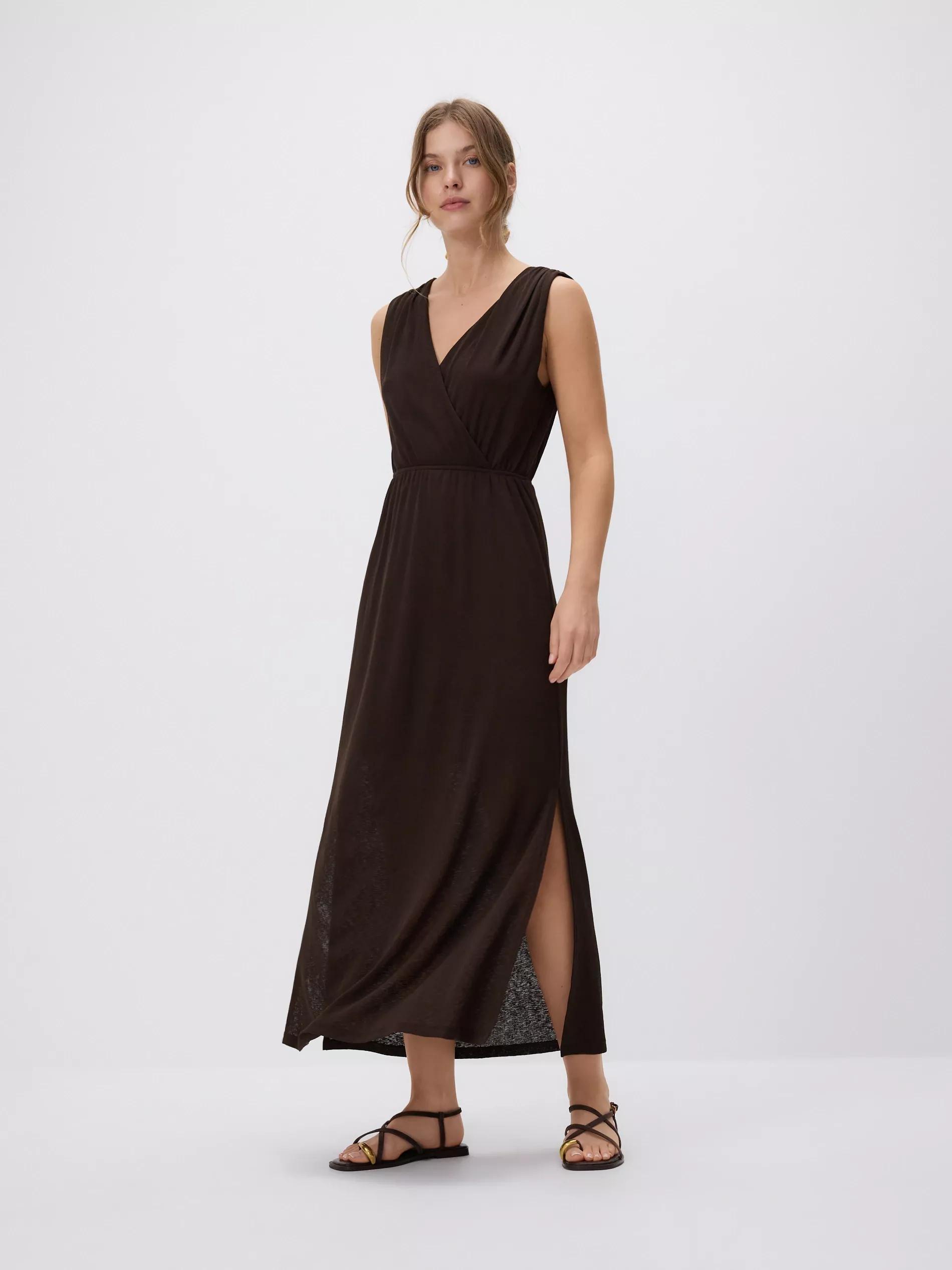 Brown Maxi Dress With Tie Waist, Brown, medium