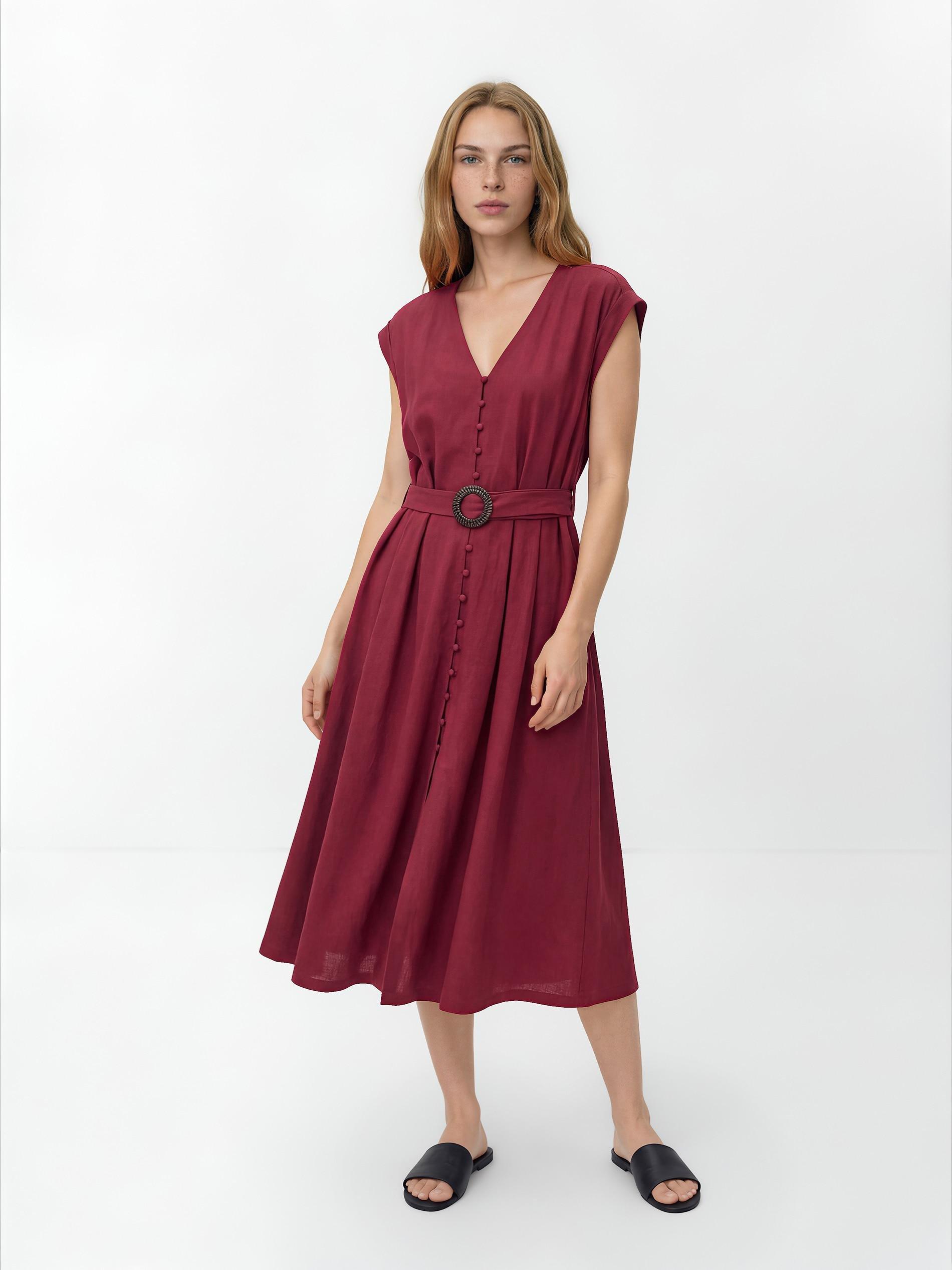 Maroon Linen Blend Dress, Burgundy, large image number 1