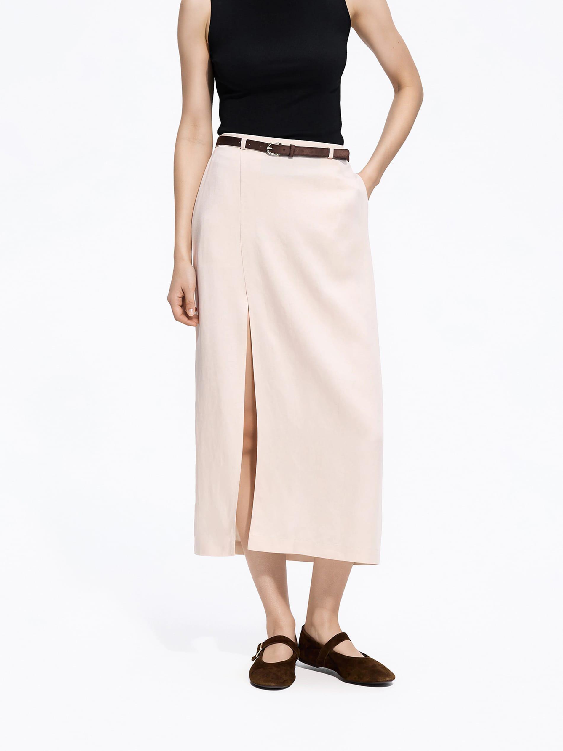 Beige Lyocell Blend Skirt, Beige, large image number 0