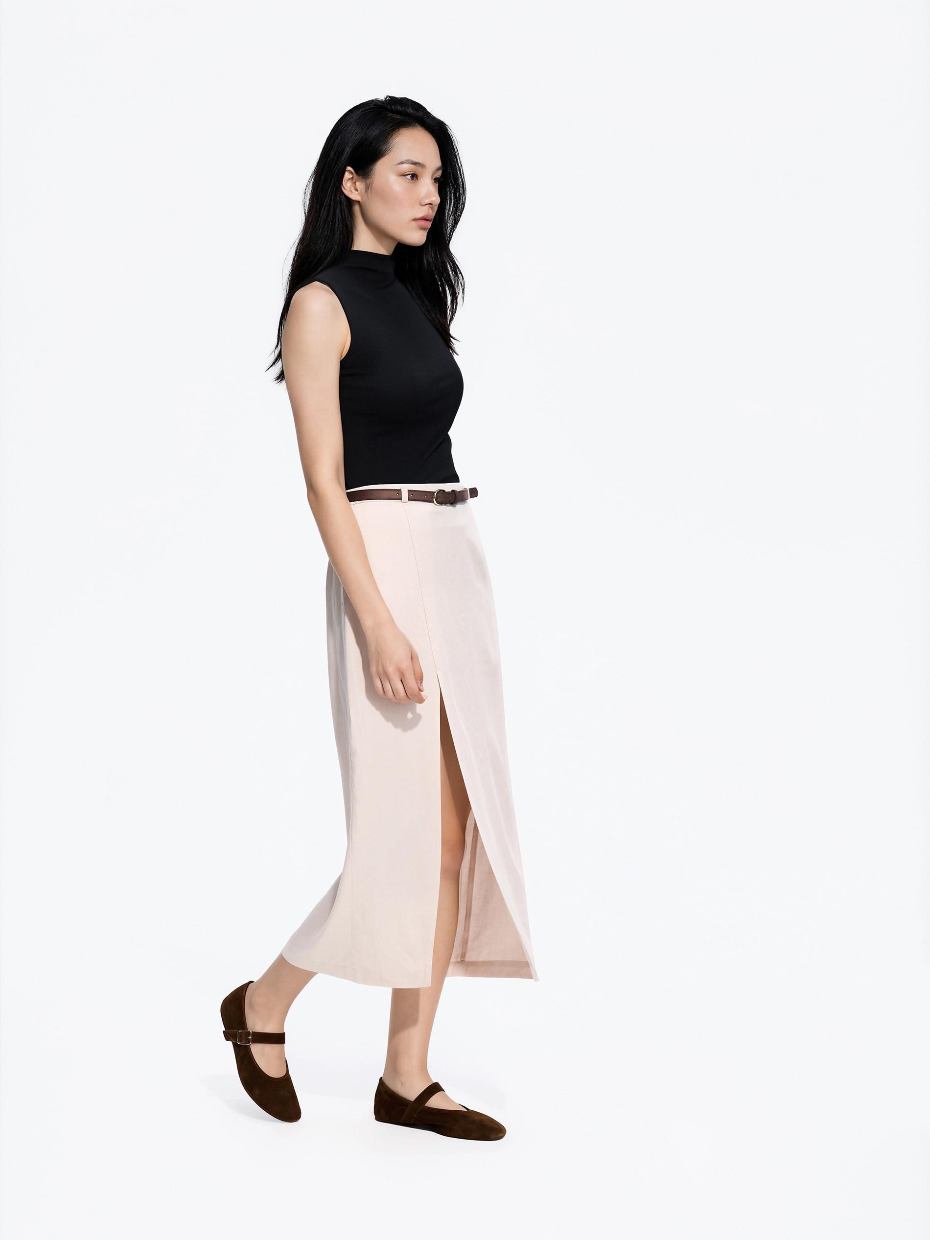 Beige Lyocell Blend Skirt, Beige, large image number 1