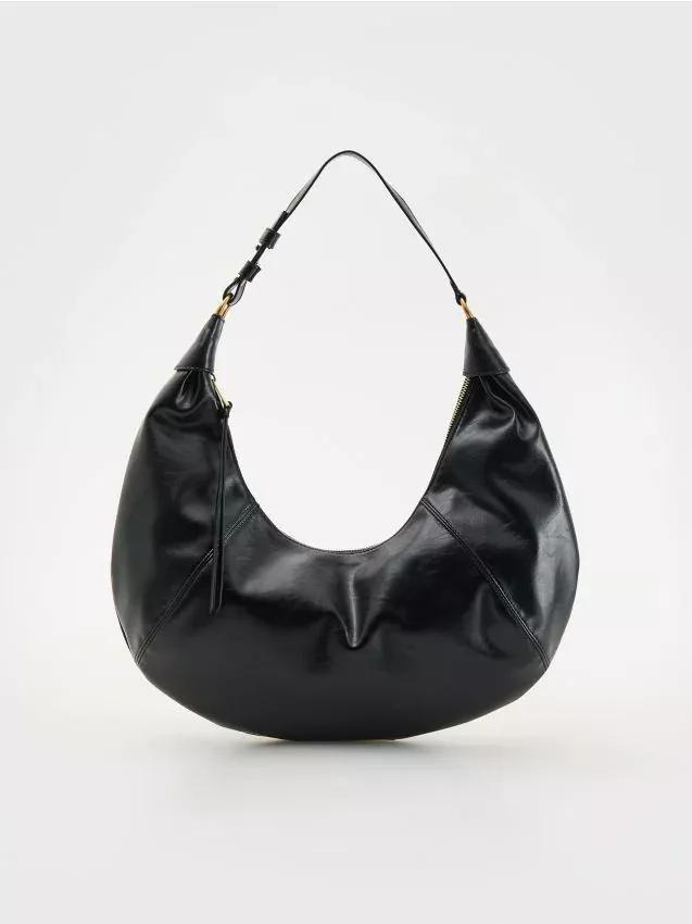 Black Plain Handmade Hobo Bag, Black, large image number 0