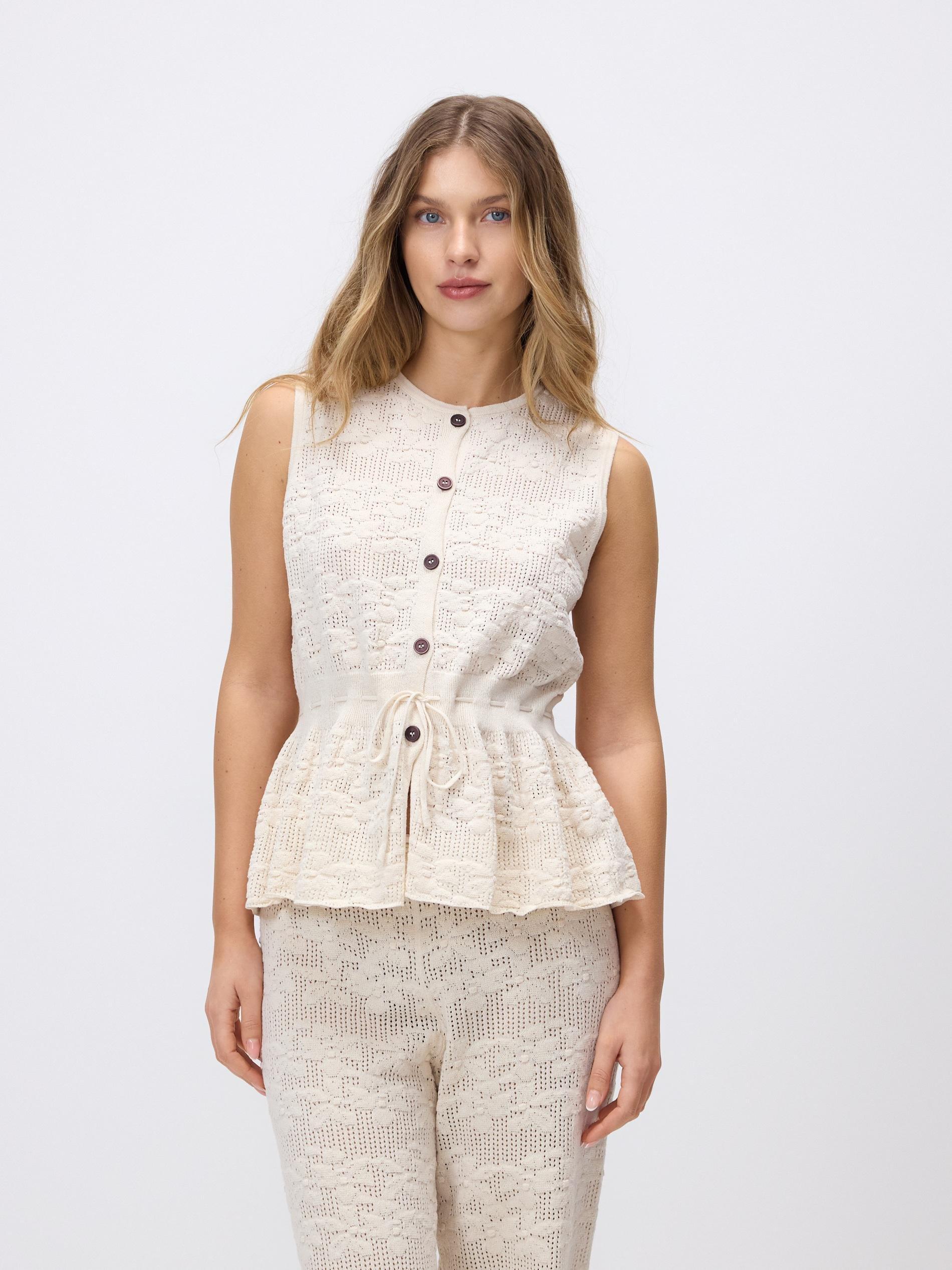 Beige Broderie Anglaise Blouse With Peplum Hem, Ivory, large image number 0