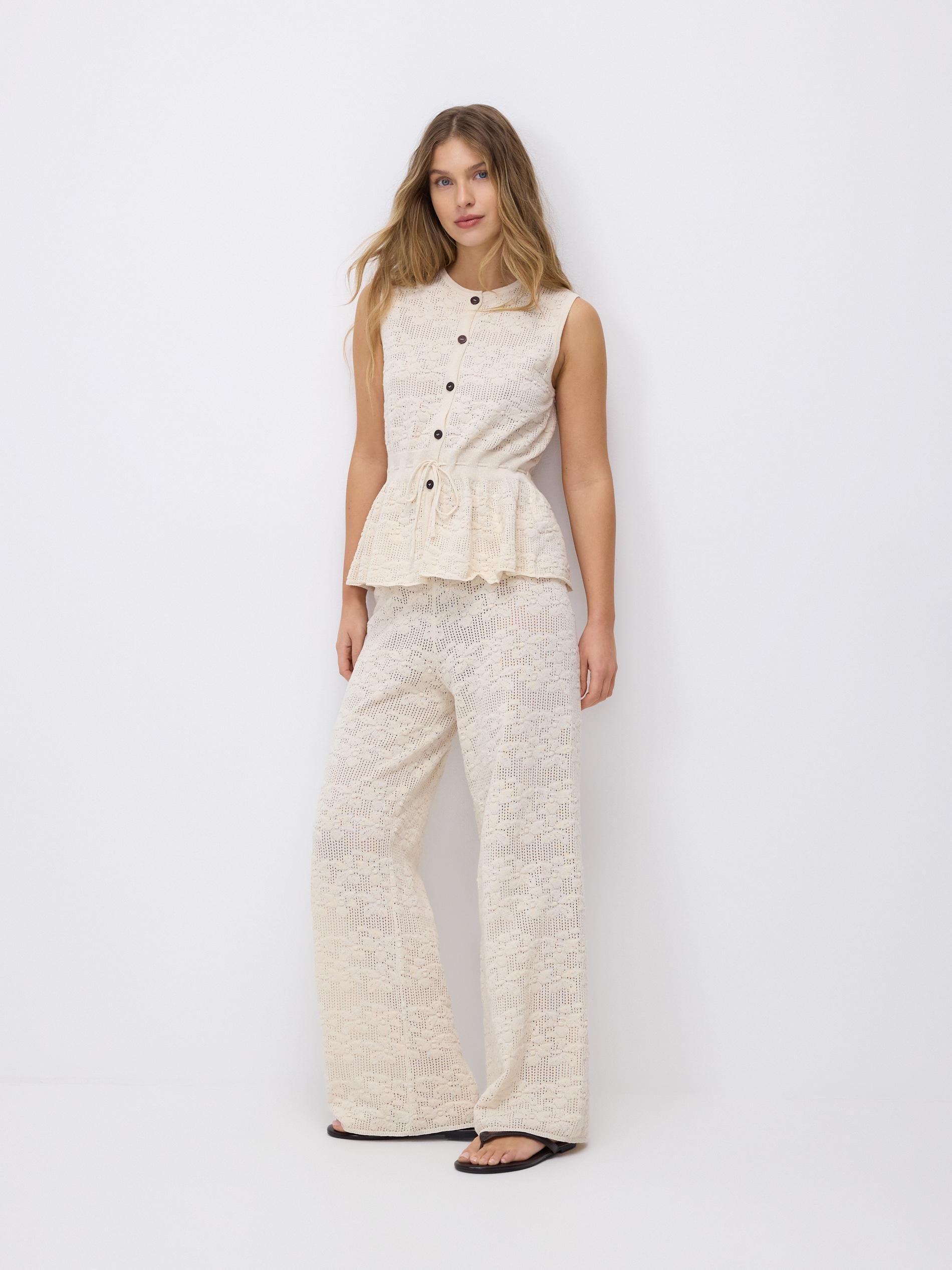 Beige Broderie Anglaise Blouse With Peplum Hem, Ivory, large image number 1