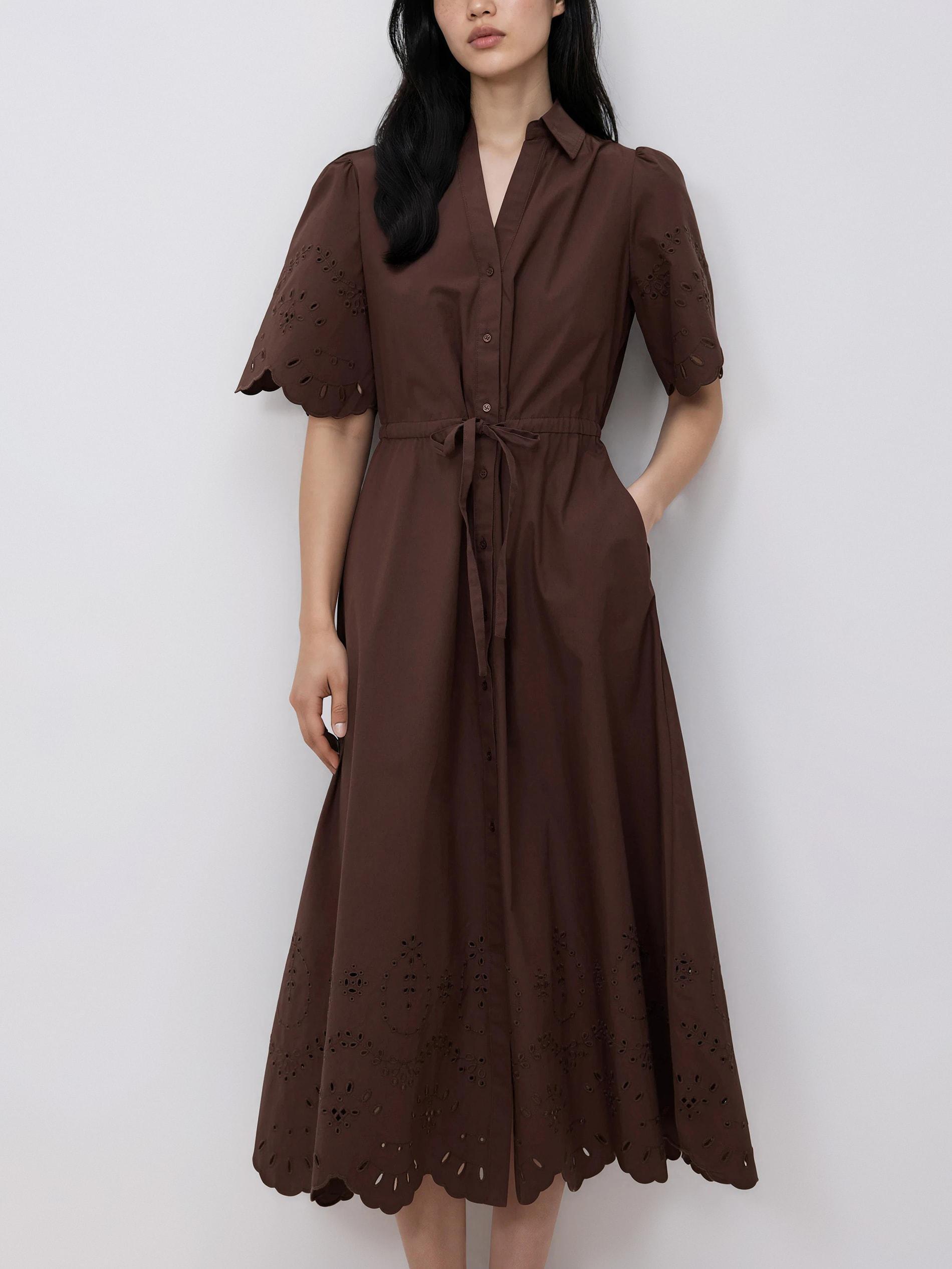 Brown Cotton Dress With Broderie Anglaise Inserts, Brown, large image number 0