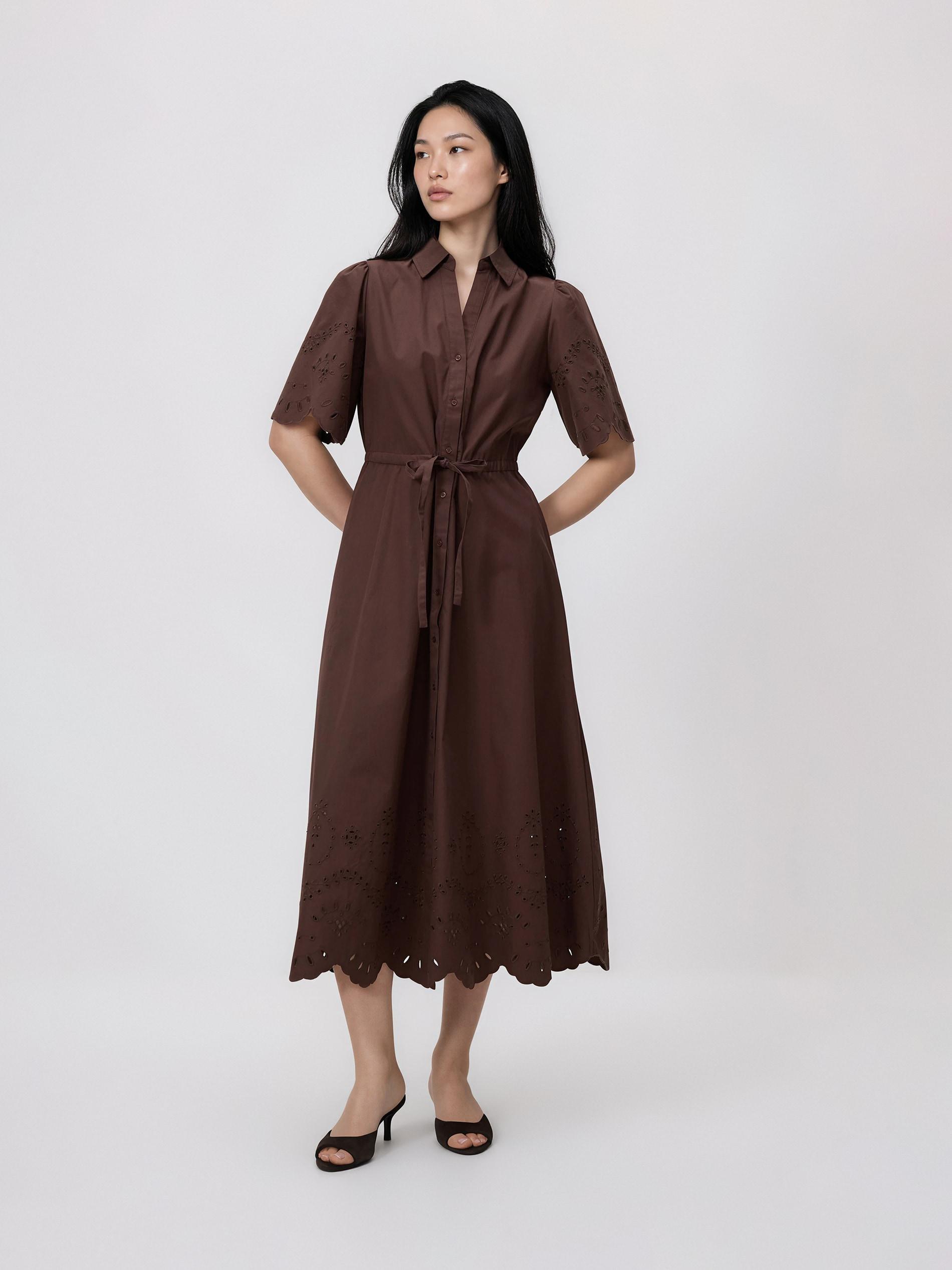Brown Cotton Dress With Broderie Anglaise Inserts, Brown, large image number 1
