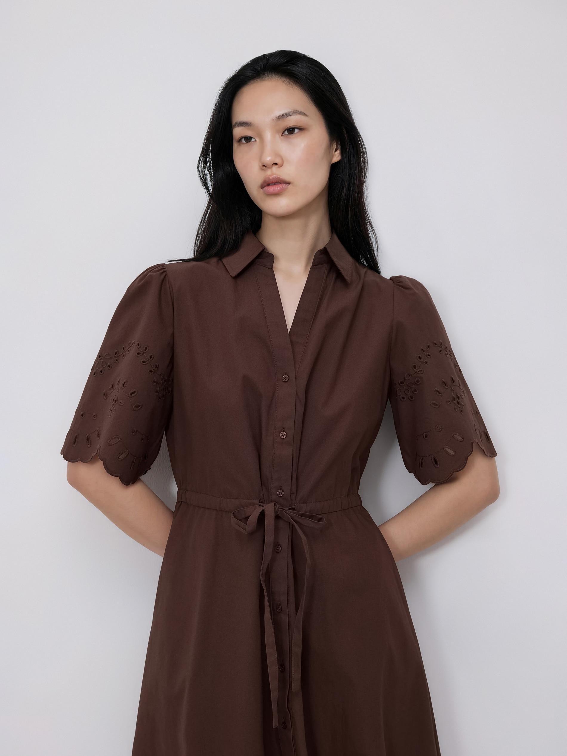 Brown Cotton Dress With Broderie Anglaise Inserts, Brown, large image number 2