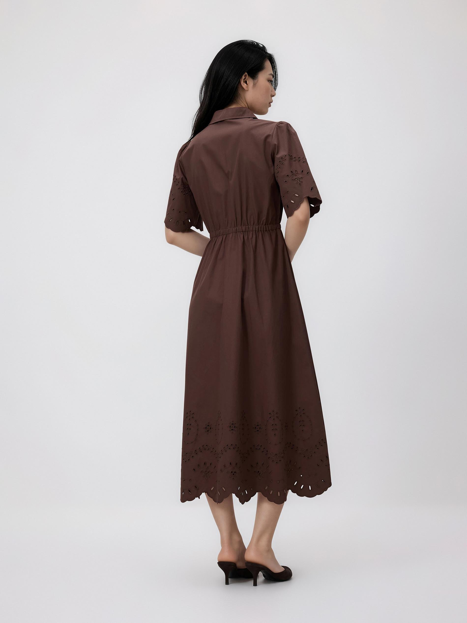 Brown Cotton Dress With Broderie Anglaise Inserts, Brown, large image number 3