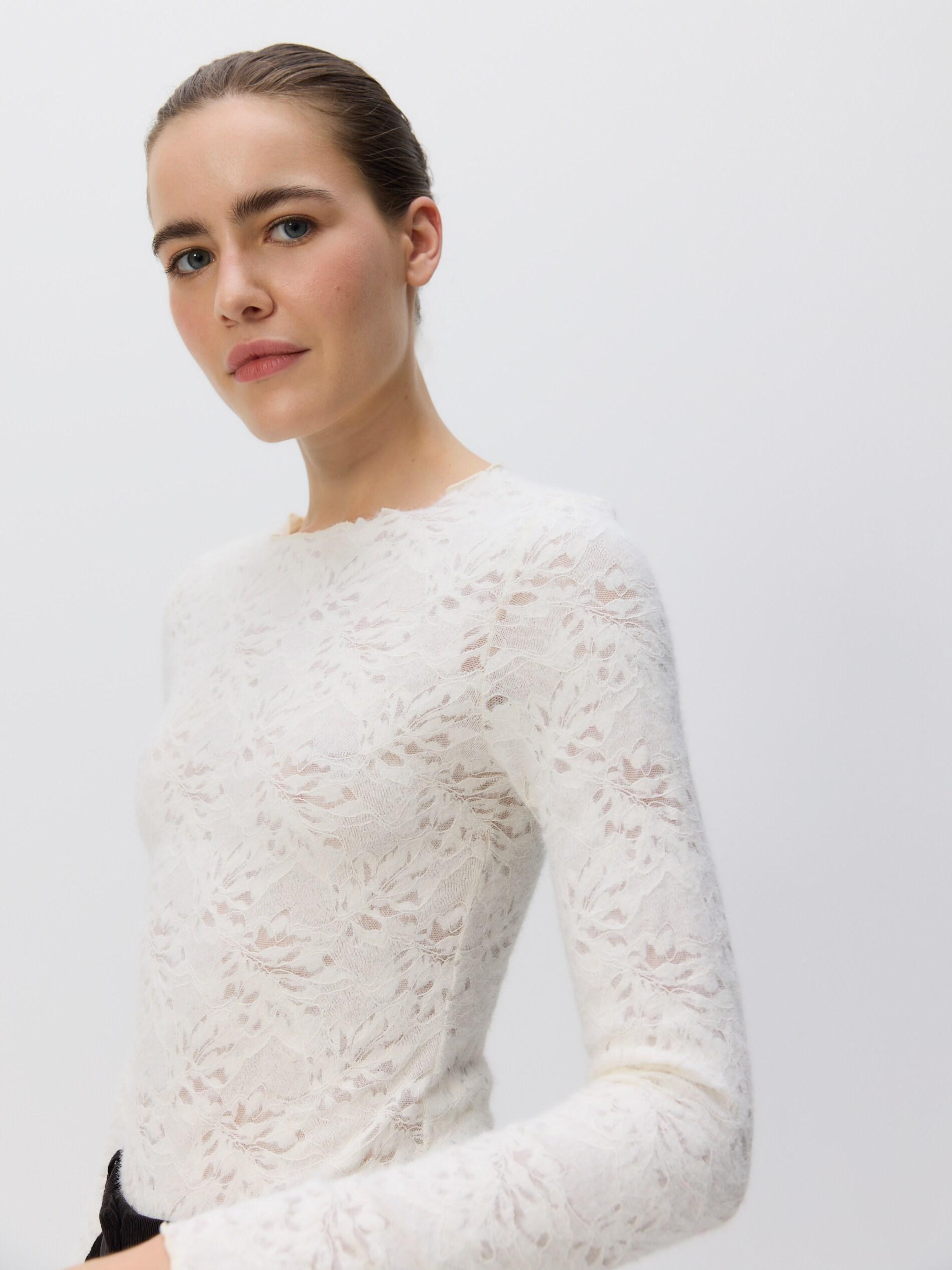 White Long Sleeve Lace Blouse, Ivory, medium