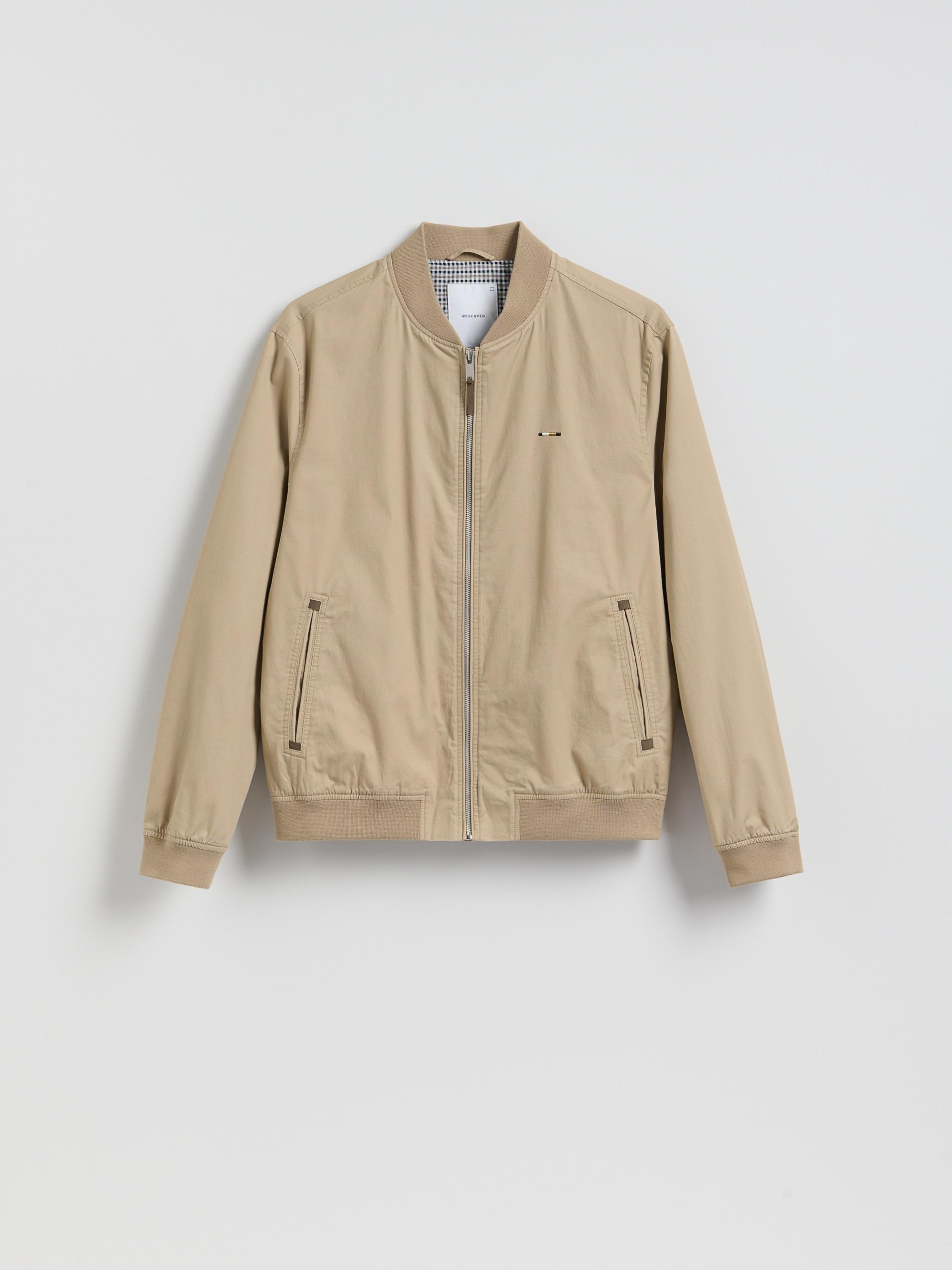 Beige Bomber Jacket With A Stand-Up Collar, Beige, medium