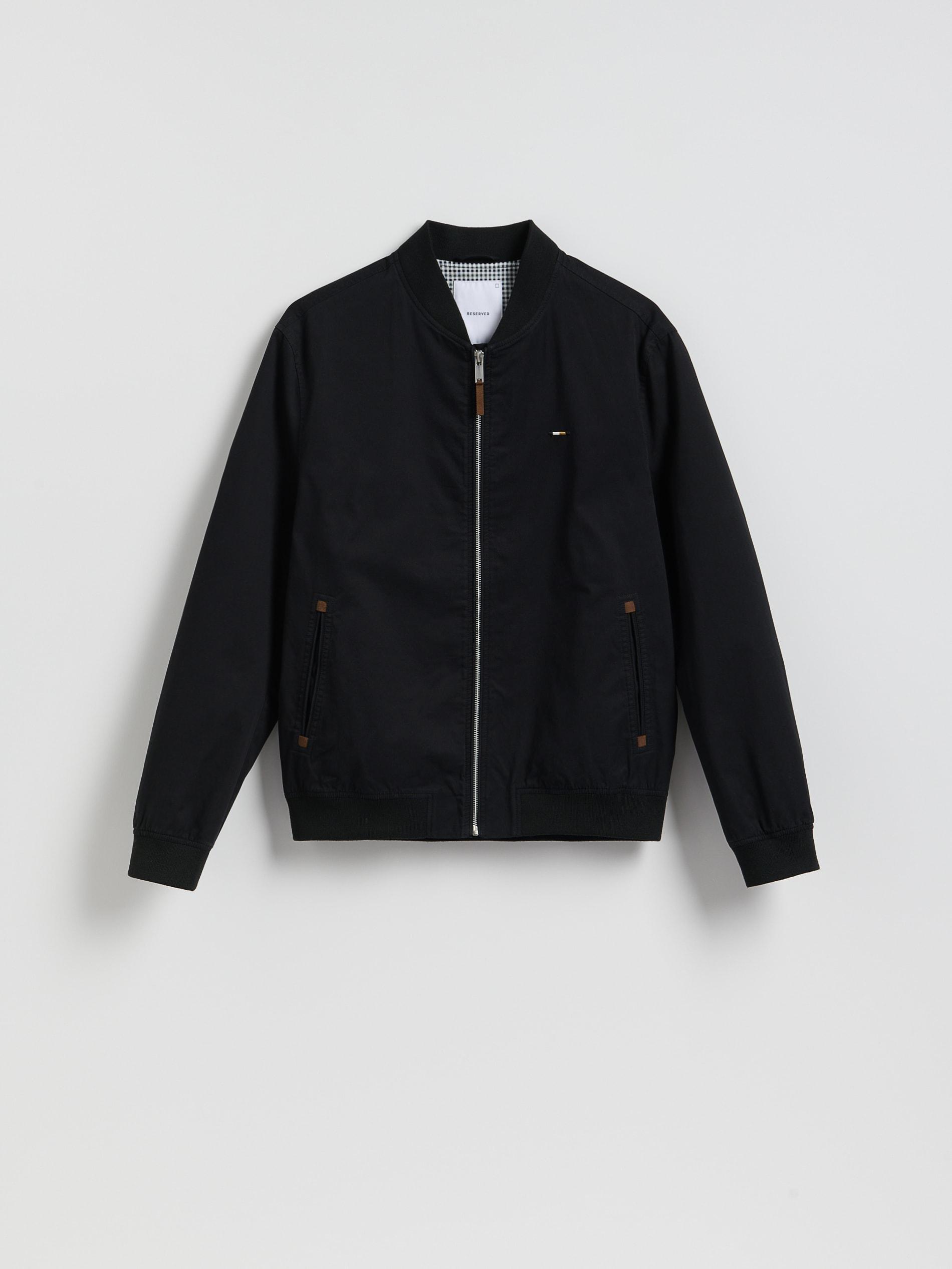 Black Bomber Jacket With A Stand-Up Collar, Black, medium