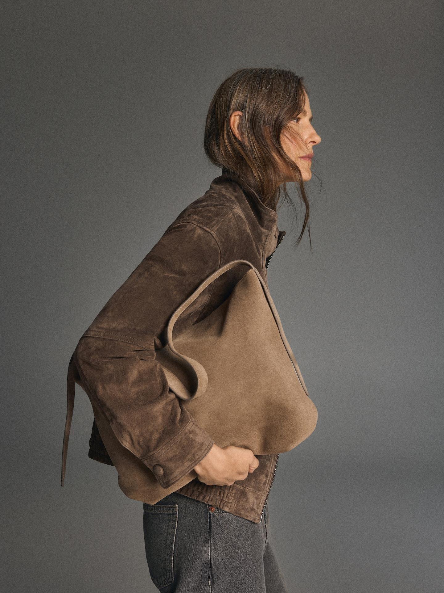 Beige Suede Shoulder Bag, Beige, medium