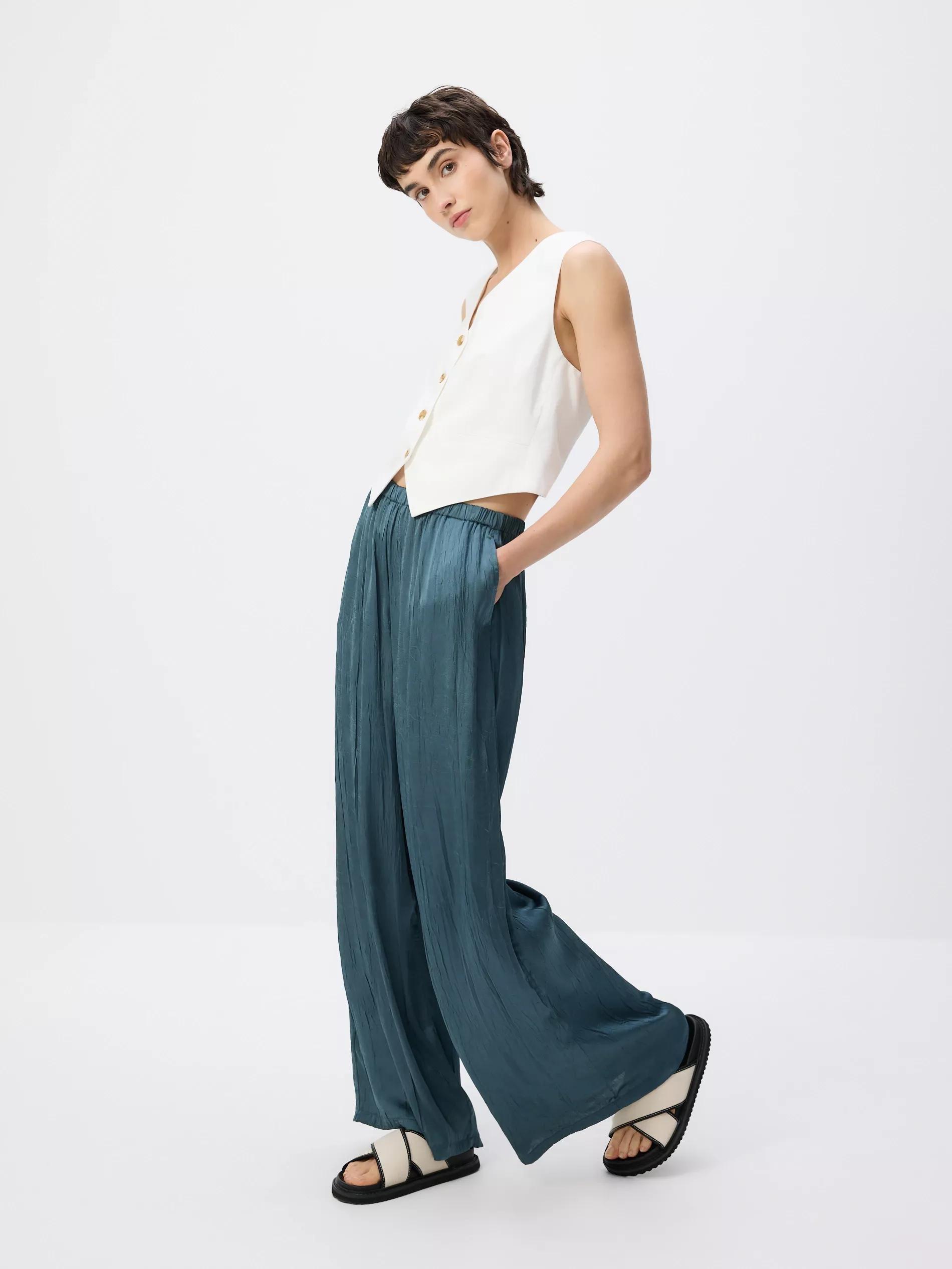 Turquoise Crease Effect Trousers, , medium