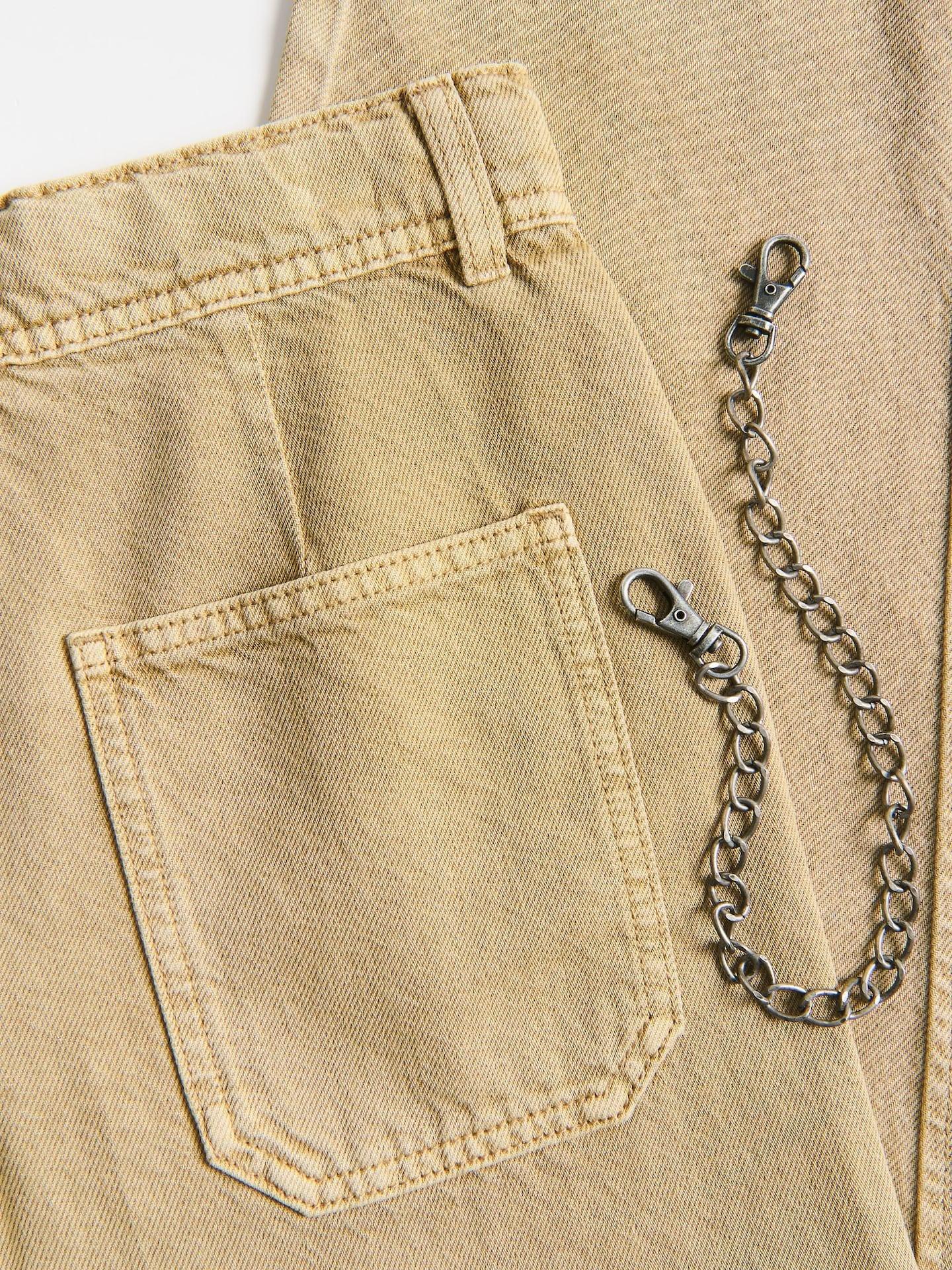 Golden Brown Cotton Rich Trousers With Chain Detail, Brown, medium