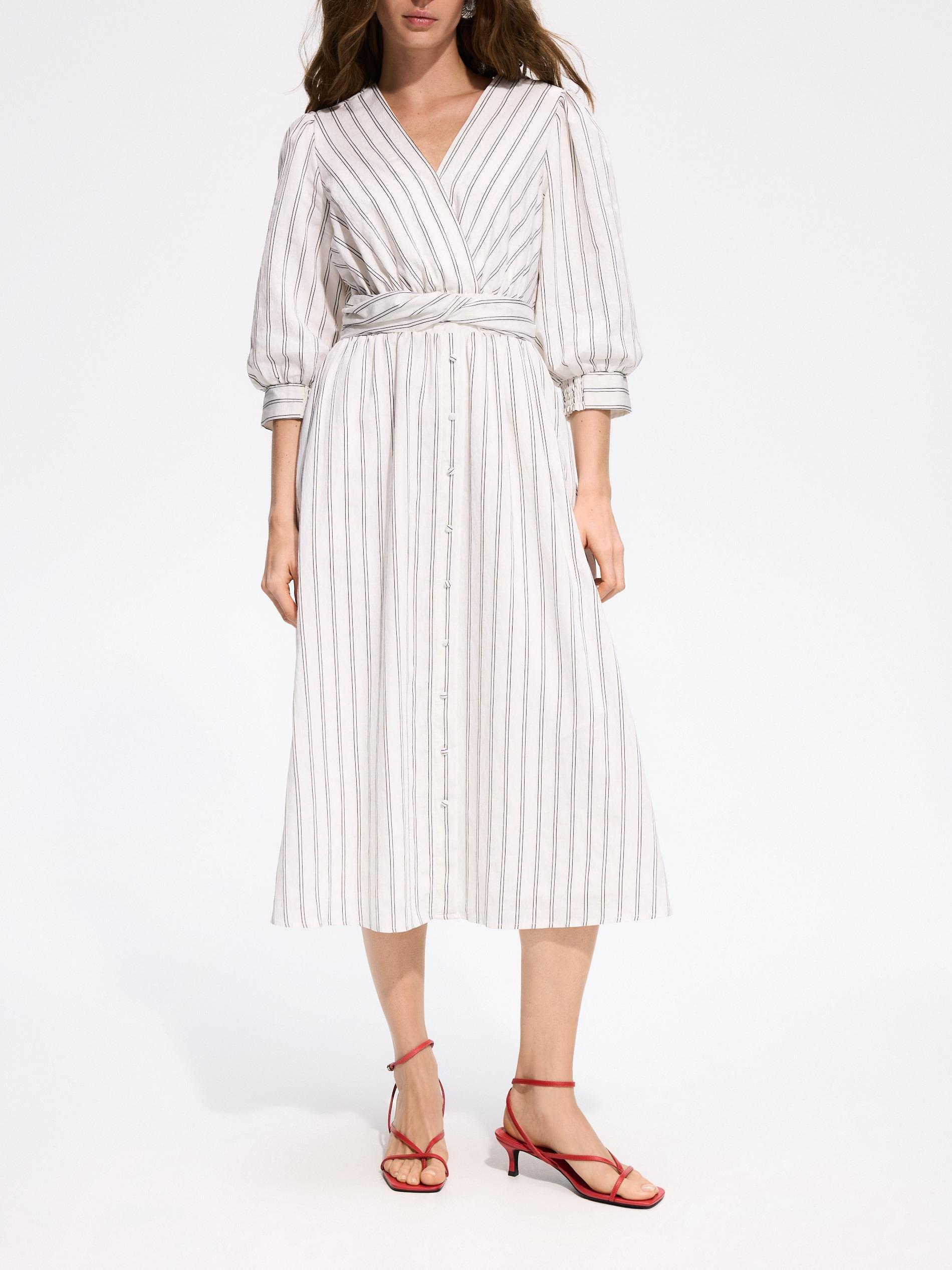 Cream Midi Dress With Linen Blend, Ivory, medium