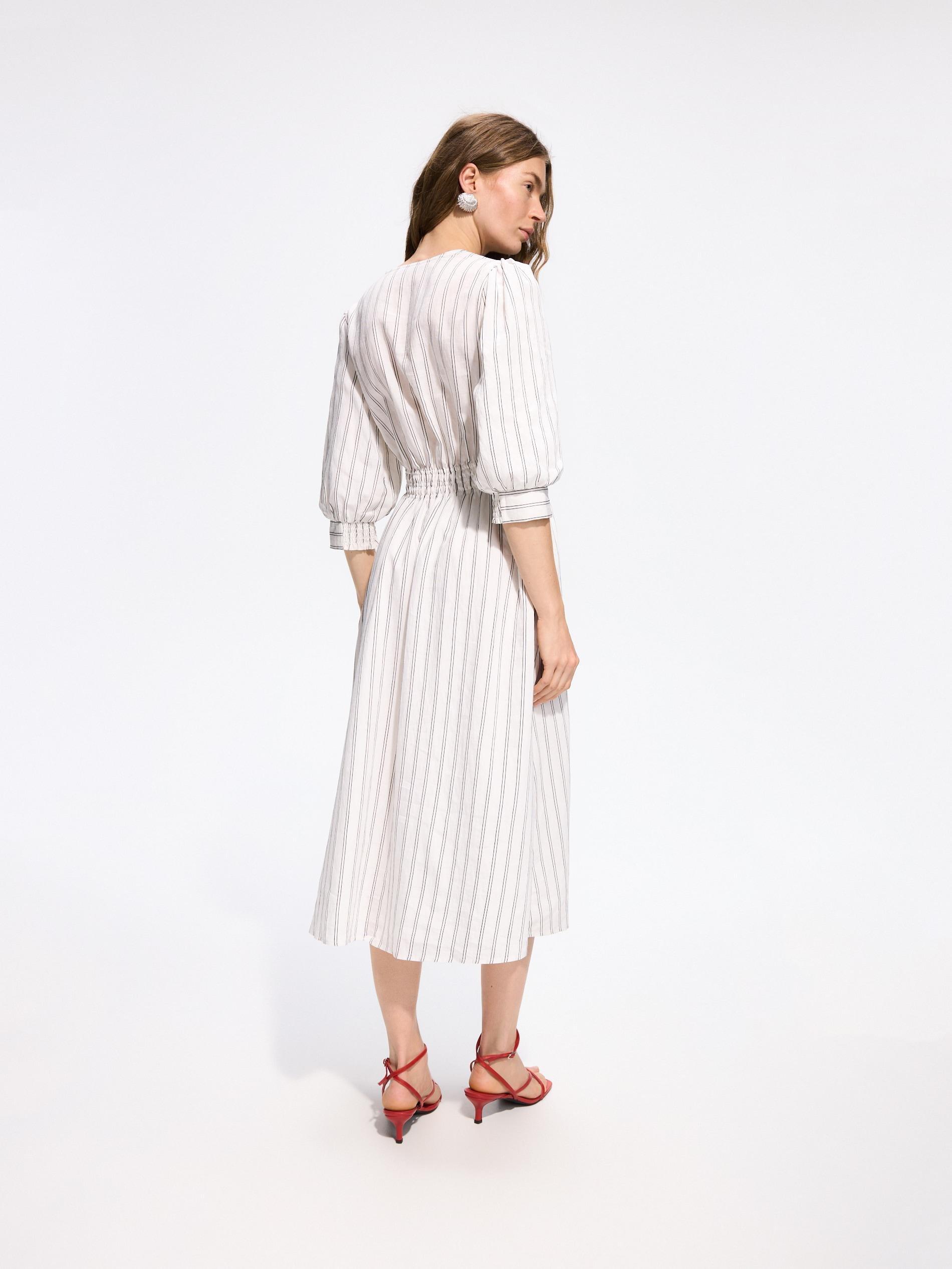 Cream Midi Dress With Linen Blend, Ivory, medium
