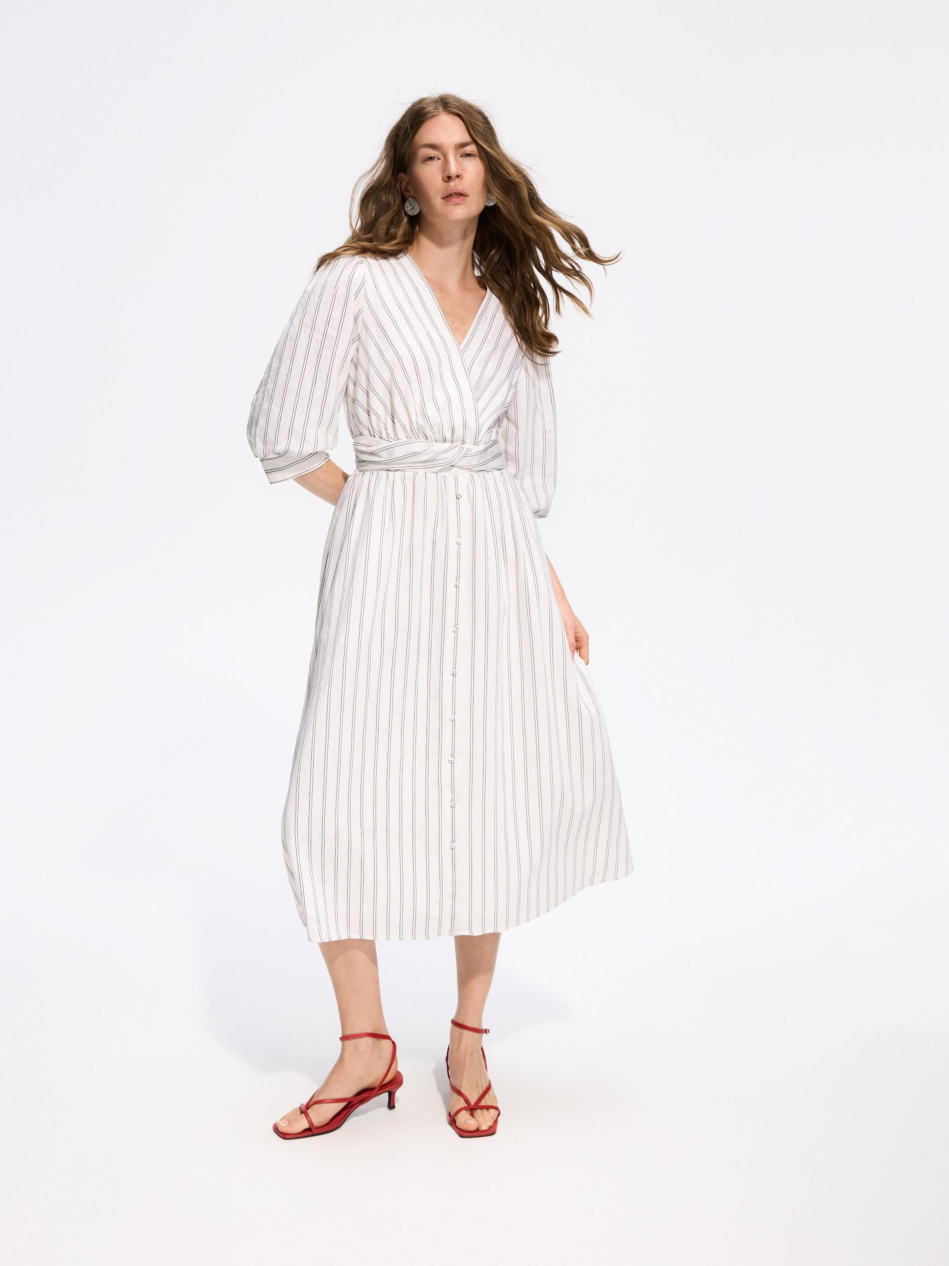 Cream Midi Dress With Linen Blend, Ivory, large image number 3