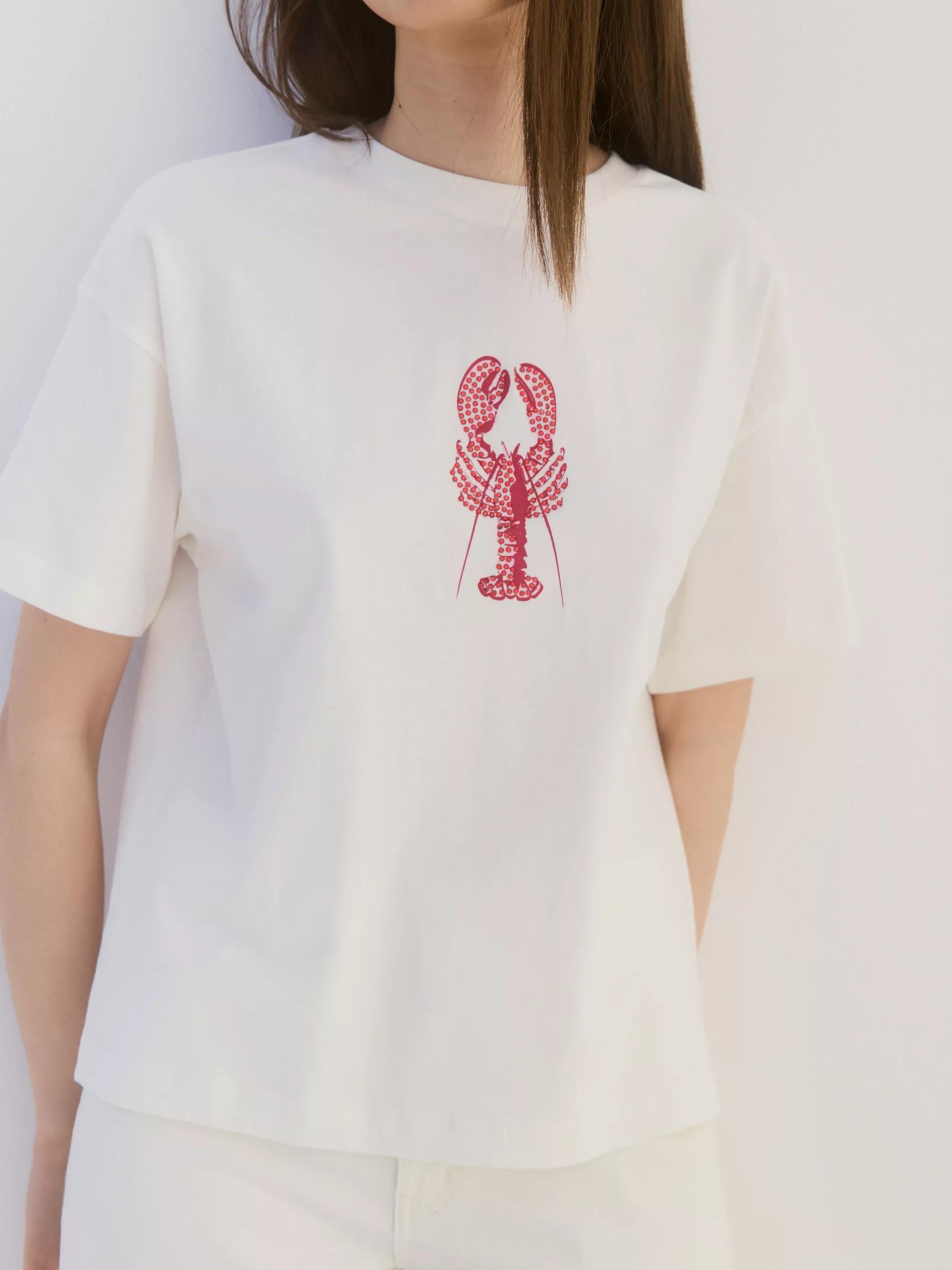 White Cotton T-Shirt With Print, Ivory, large image number 1