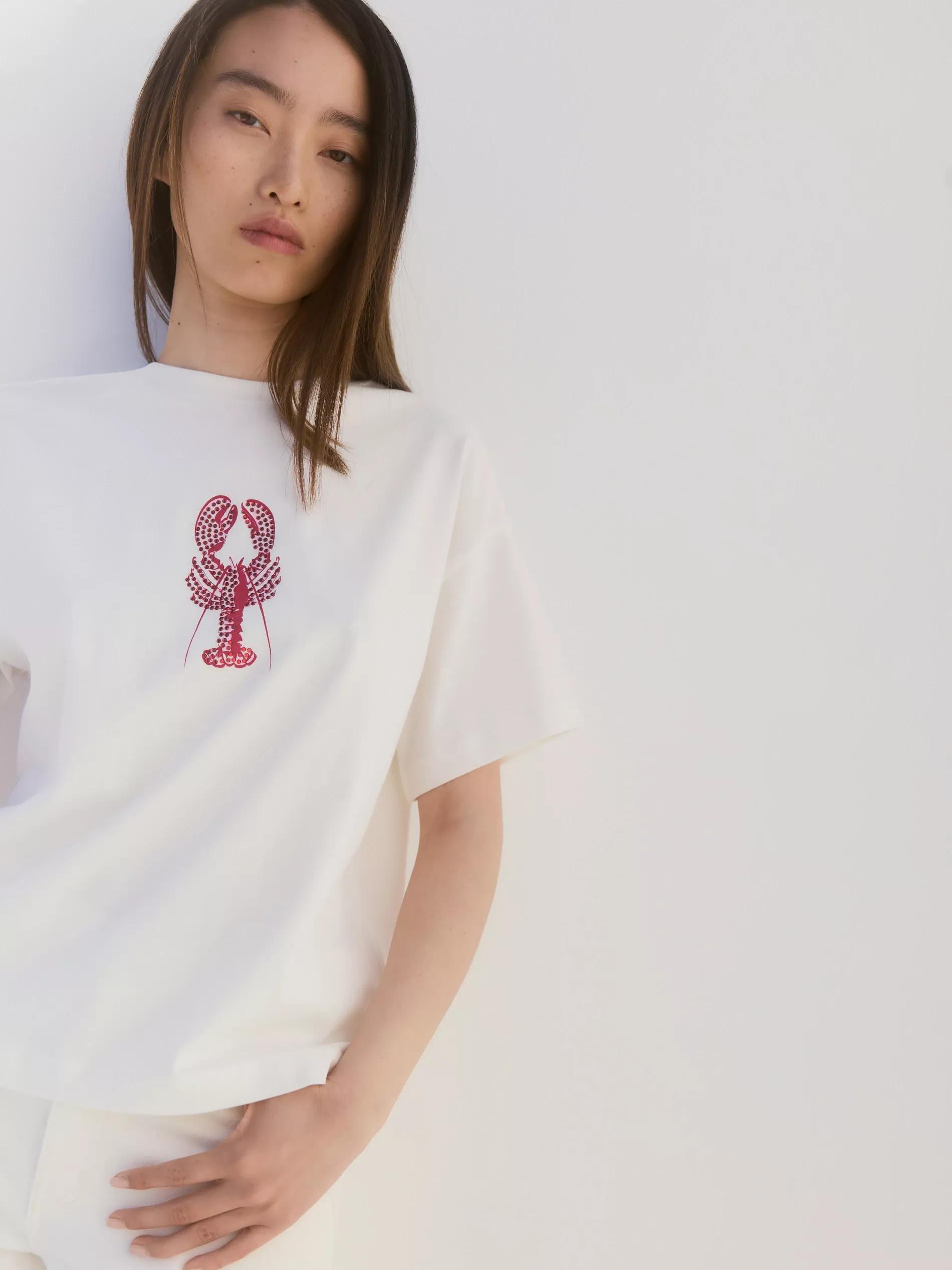 White Cotton T-Shirt With Print, Ivory, large image number 2